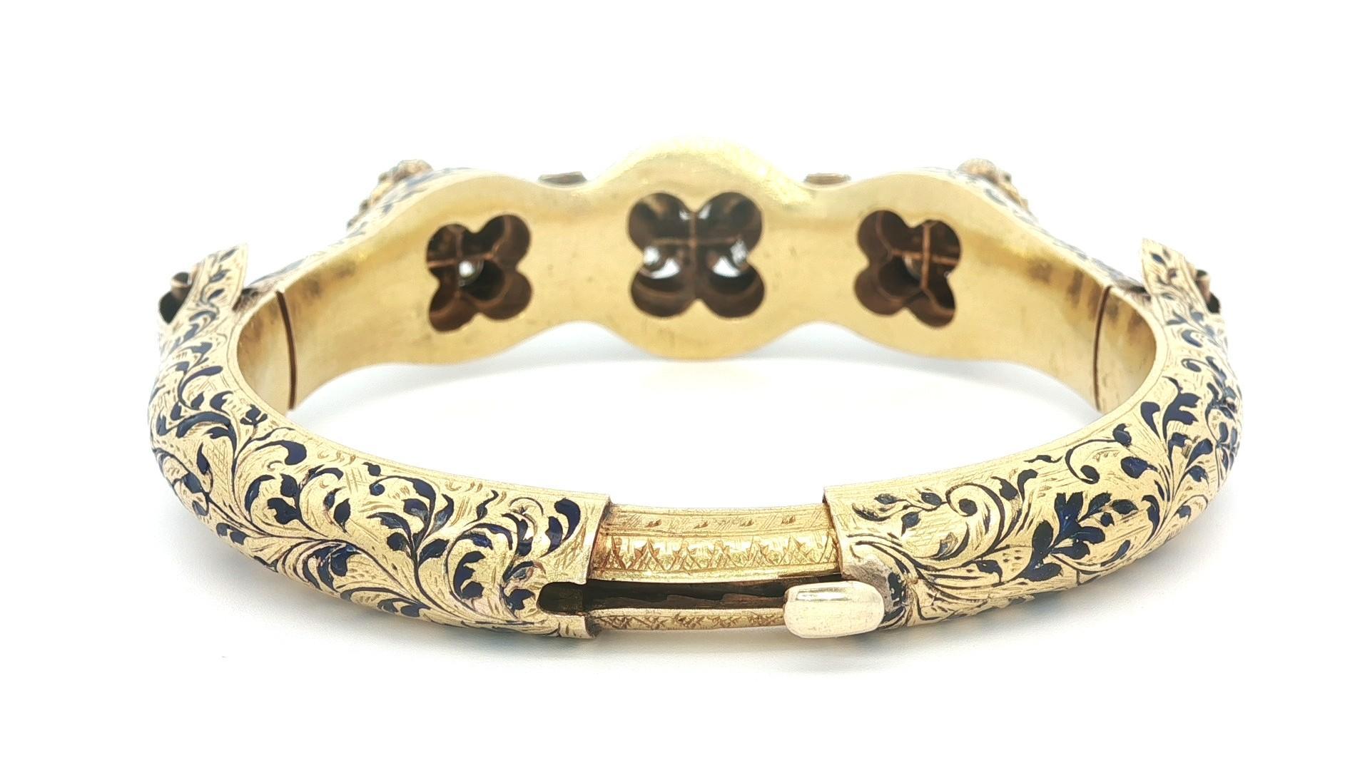 Rara pulsera brazalete ajustable de oro antiguo victoriano con diamantes talla vieja y esmalte en venta 2