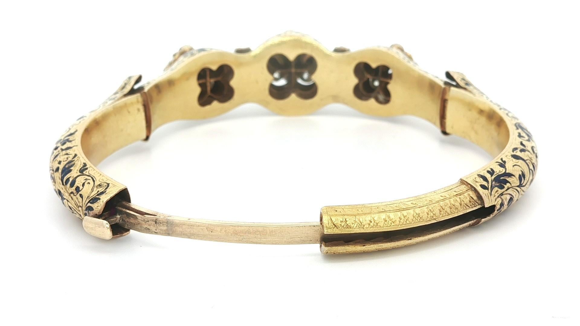 Rara pulsera brazalete ajustable de oro antiguo victoriano con diamantes talla vieja y esmalte en venta 3