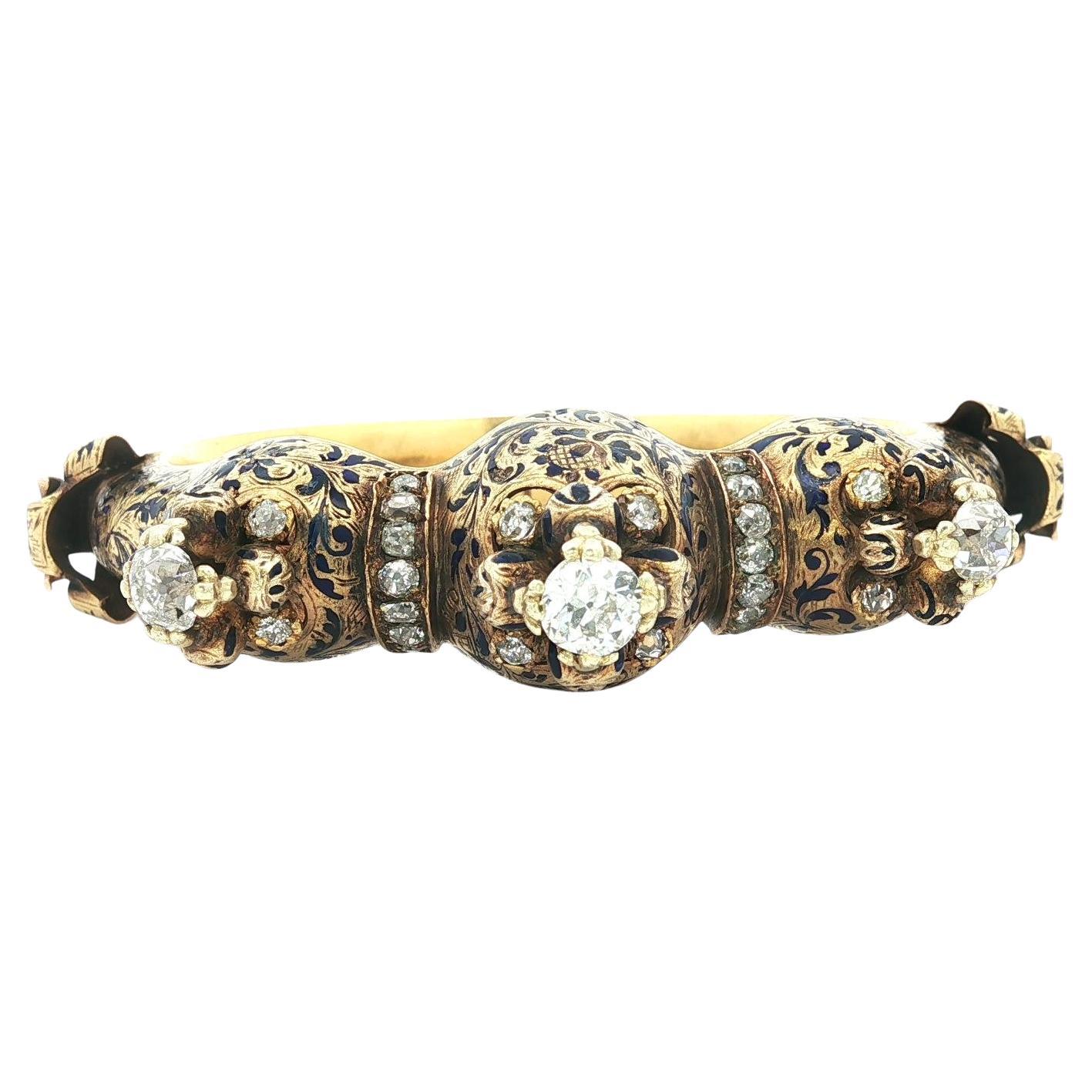 Rare Antique Victorian Gold Old Cut Diamond Enamel Adjustable Bangle Bracelet