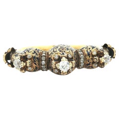 Rare Antique Victorian Gold Old Cut Diamond Enamel Adjustable Bangle Bracelet