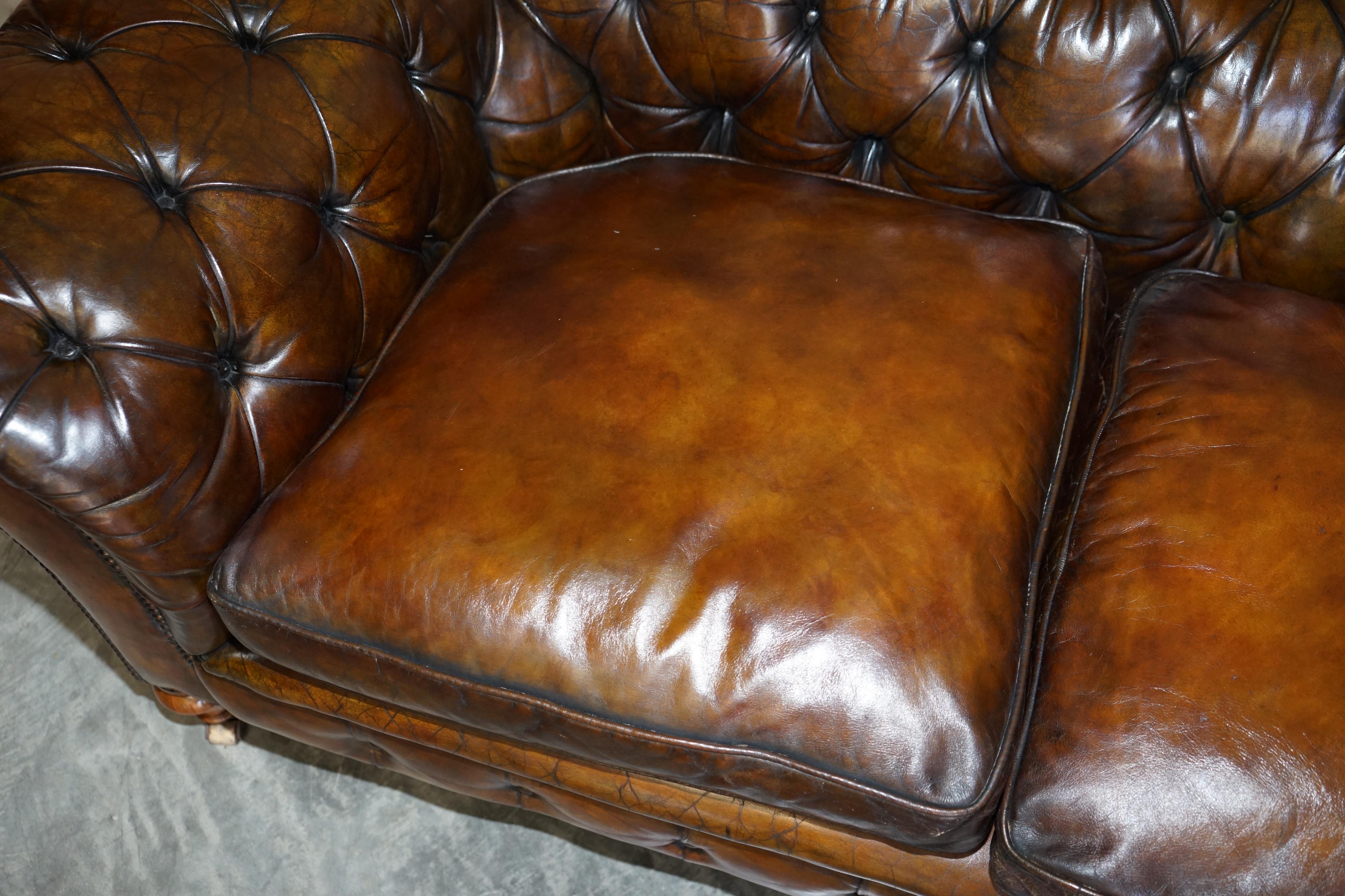 Rare Antique Victorian Hardwood Framed Chesterfield Tufted Brown Leather Sofa 6