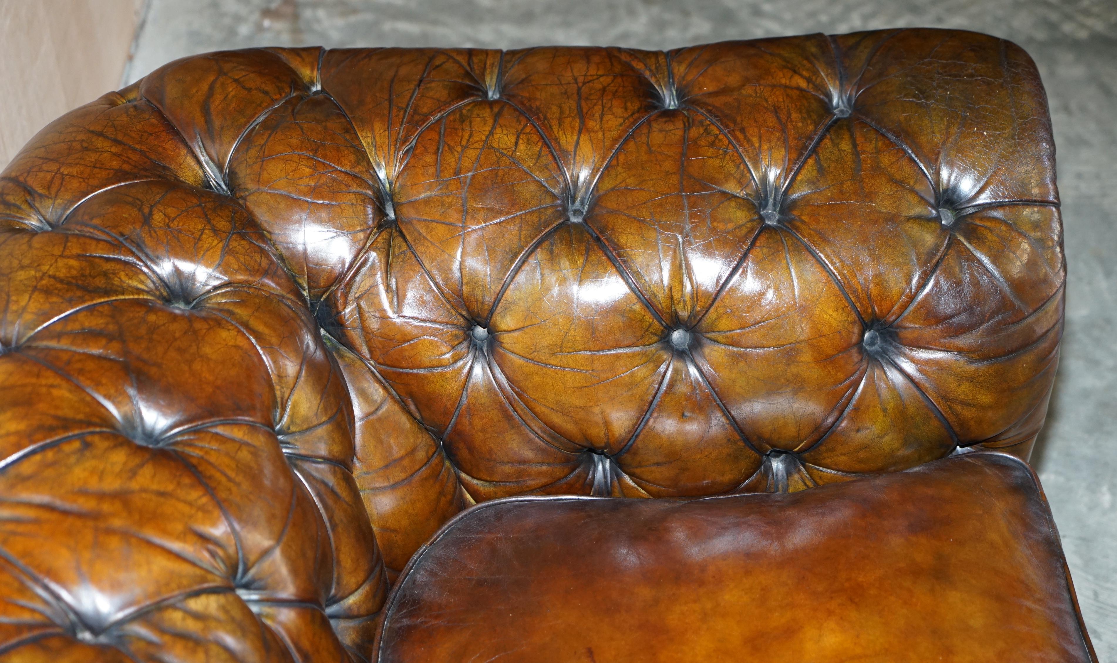 Rare Antique Victorian Hardwood Framed Chesterfield Tufted Brown Leather Sofa 10