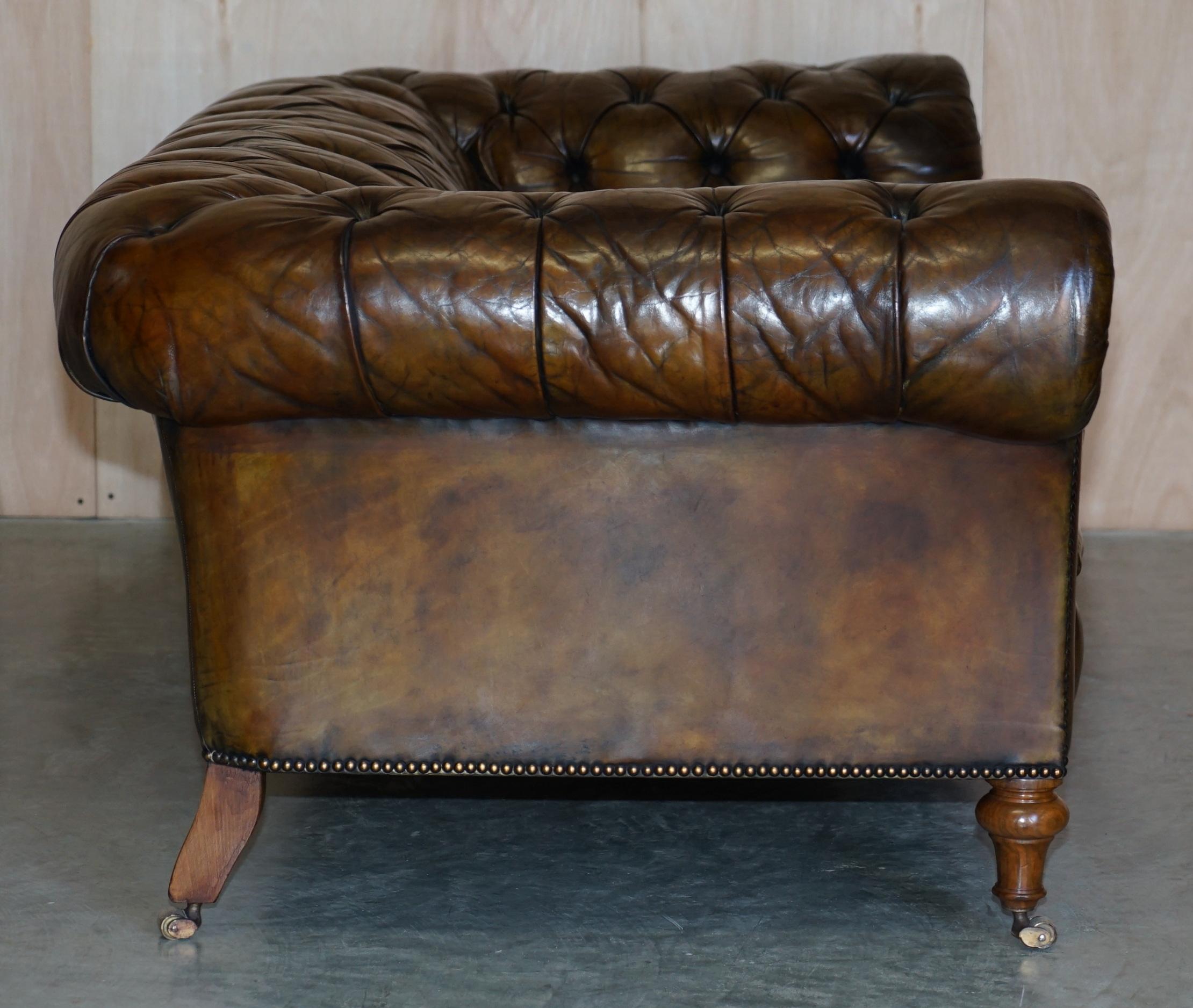 Rare Antique Victorian Hardwood Framed Chesterfield Tufted Brown Leather Sofa 11