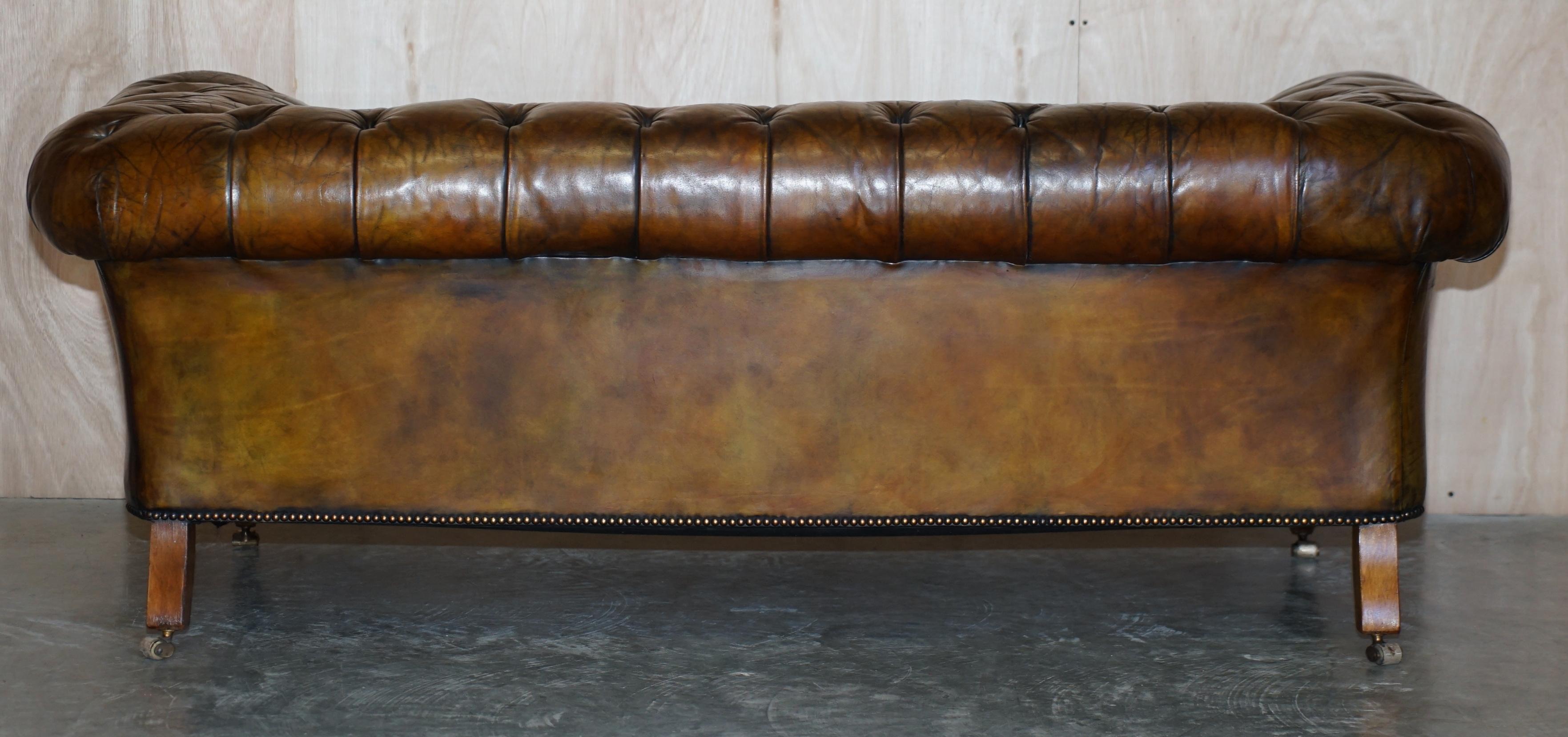Rare Antique Victorian Hardwood Framed Chesterfield Tufted Brown Leather Sofa 13