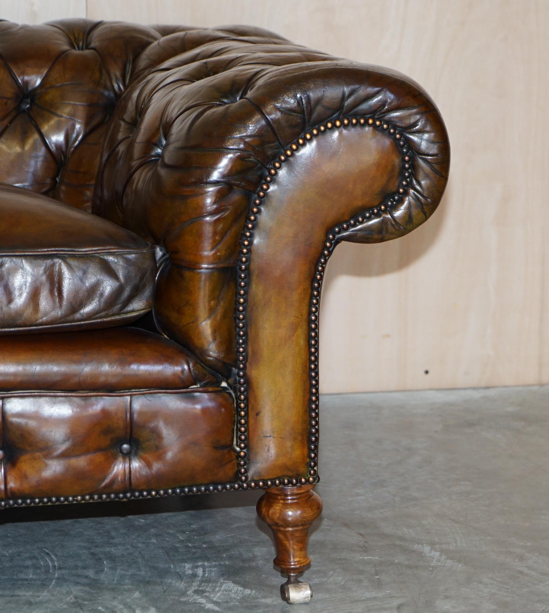 English Rare Antique Victorian Hardwood Framed Chesterfield Tufted Brown Leather Sofa