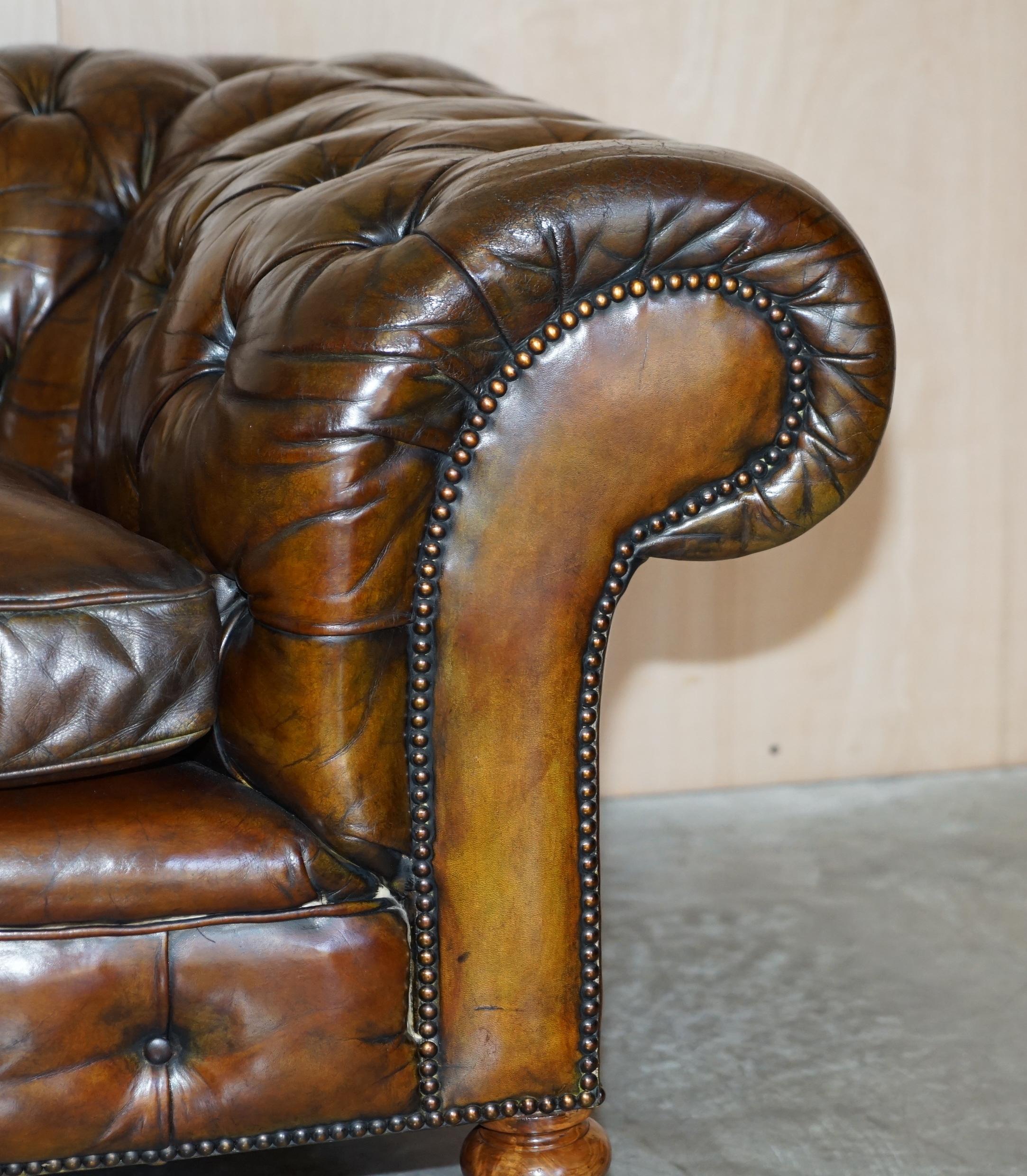 Hand-Crafted Rare Antique Victorian Hardwood Framed Chesterfield Tufted Brown Leather Sofa