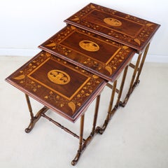 Rare Antique Victorian Irish Killarney Ware Nest of Marquetry Tables