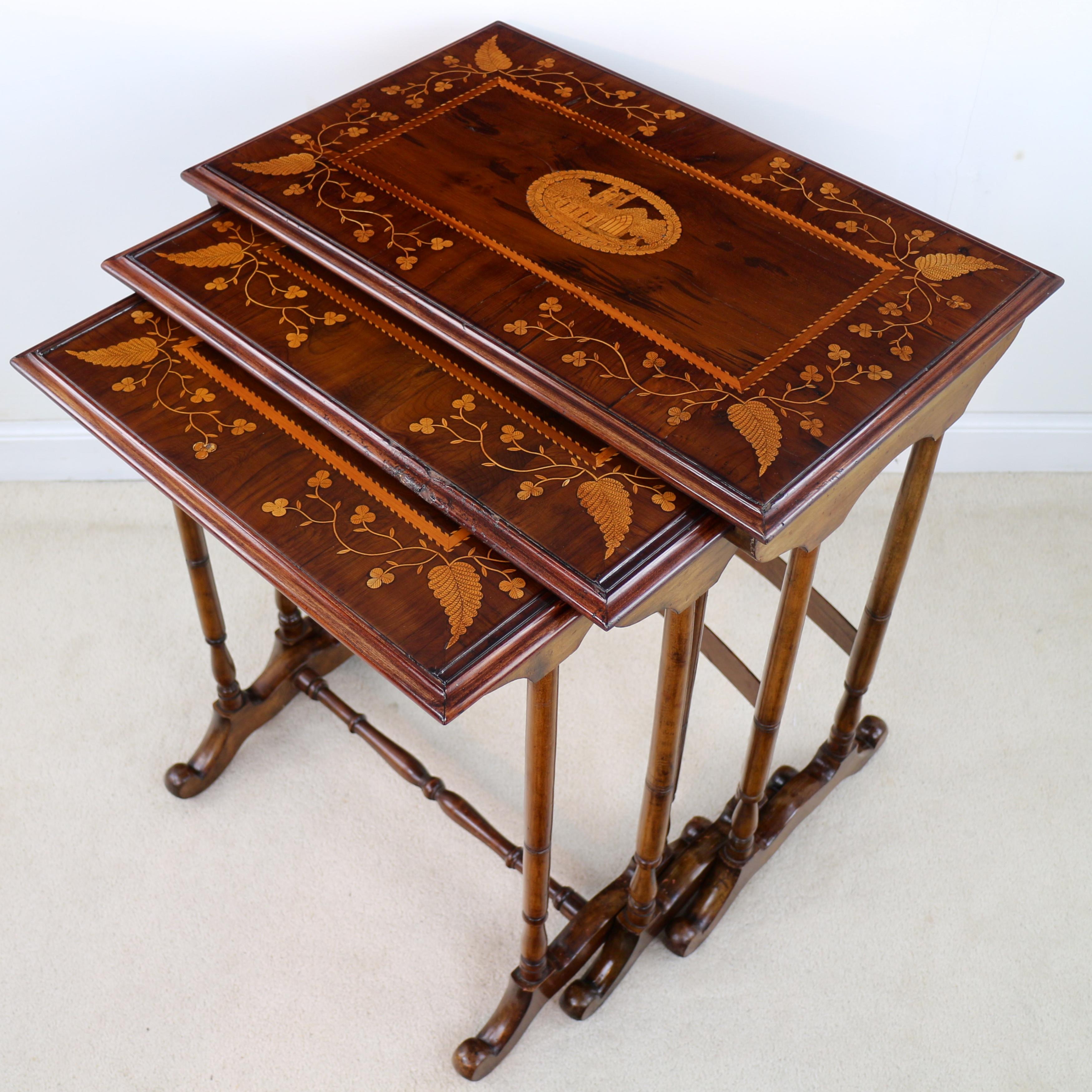 Rare Antique Victorian Irish Killarney Ware Nest of Marquetry Tables In Good Condition For Sale In Glasgow, GB