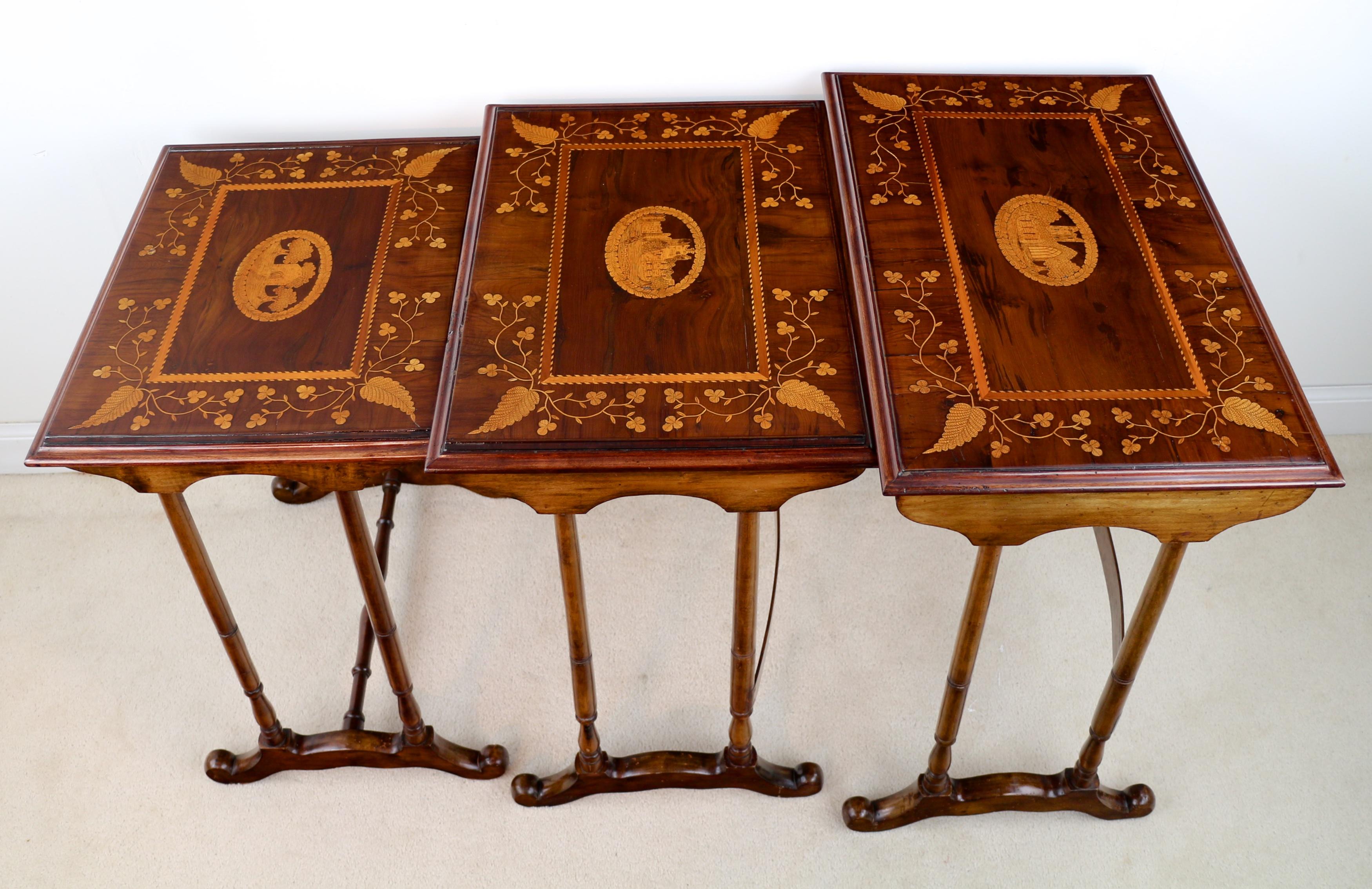 19th Century Rare Antique Victorian Irish Killarney Ware Nest of Marquetry Tables For Sale