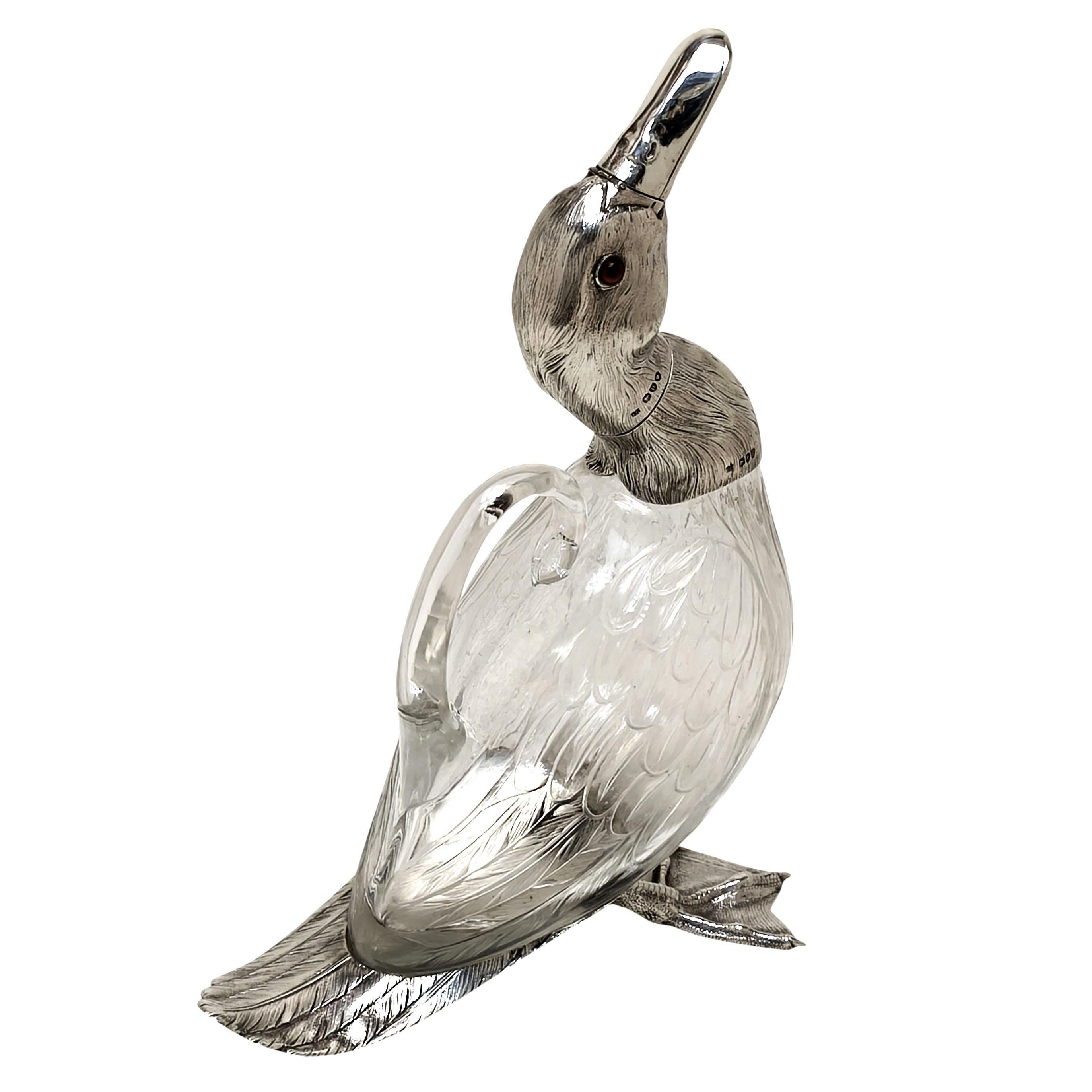 Rare Antique Victorian Silver Duck Claret Jug Wine Decanter London 1892 Novelty (19. Jahrhundert) im Angebot