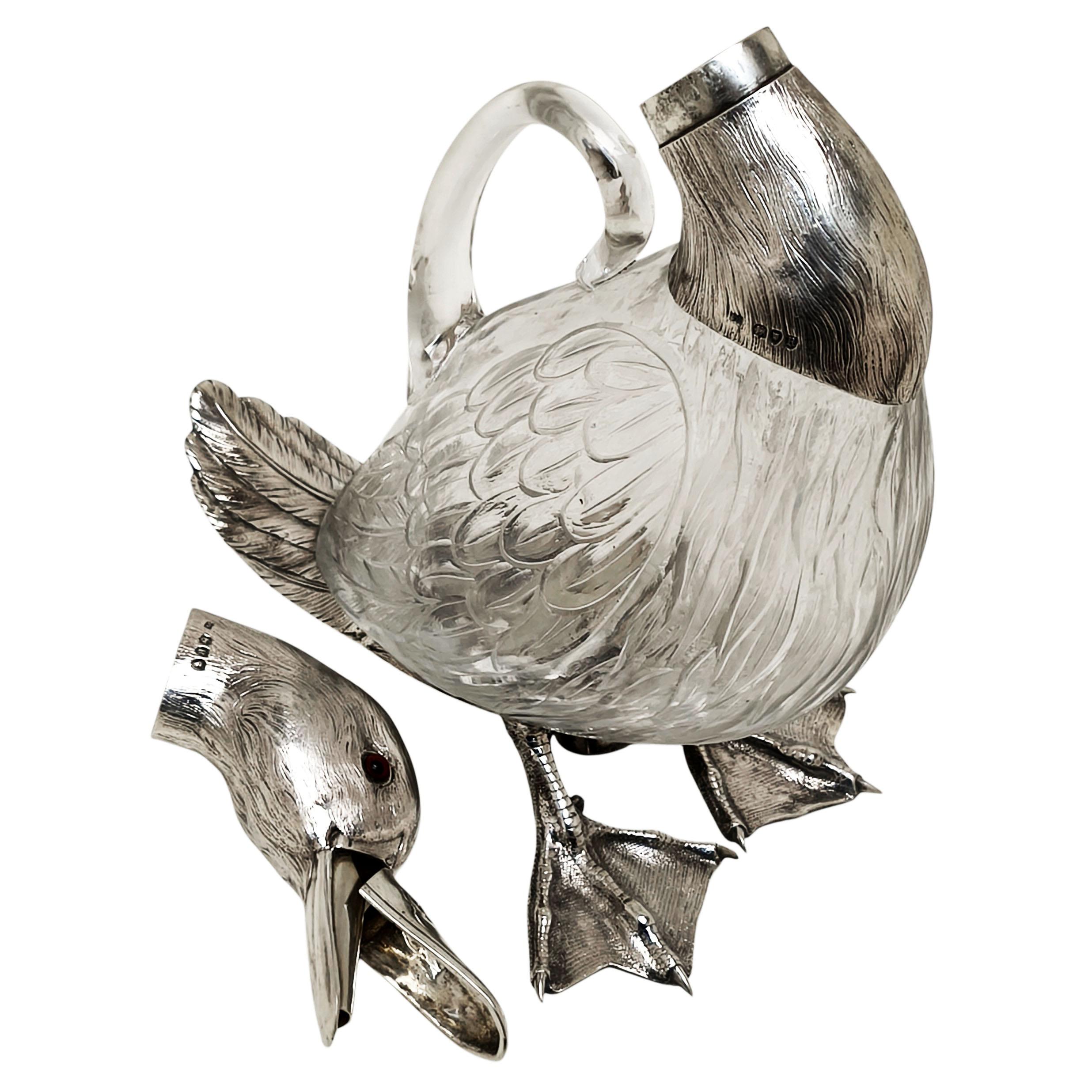 Rare Antique Victorian Silver Duck Claret Jug Wine Decanter London 1892 Novelty im Angebot 3