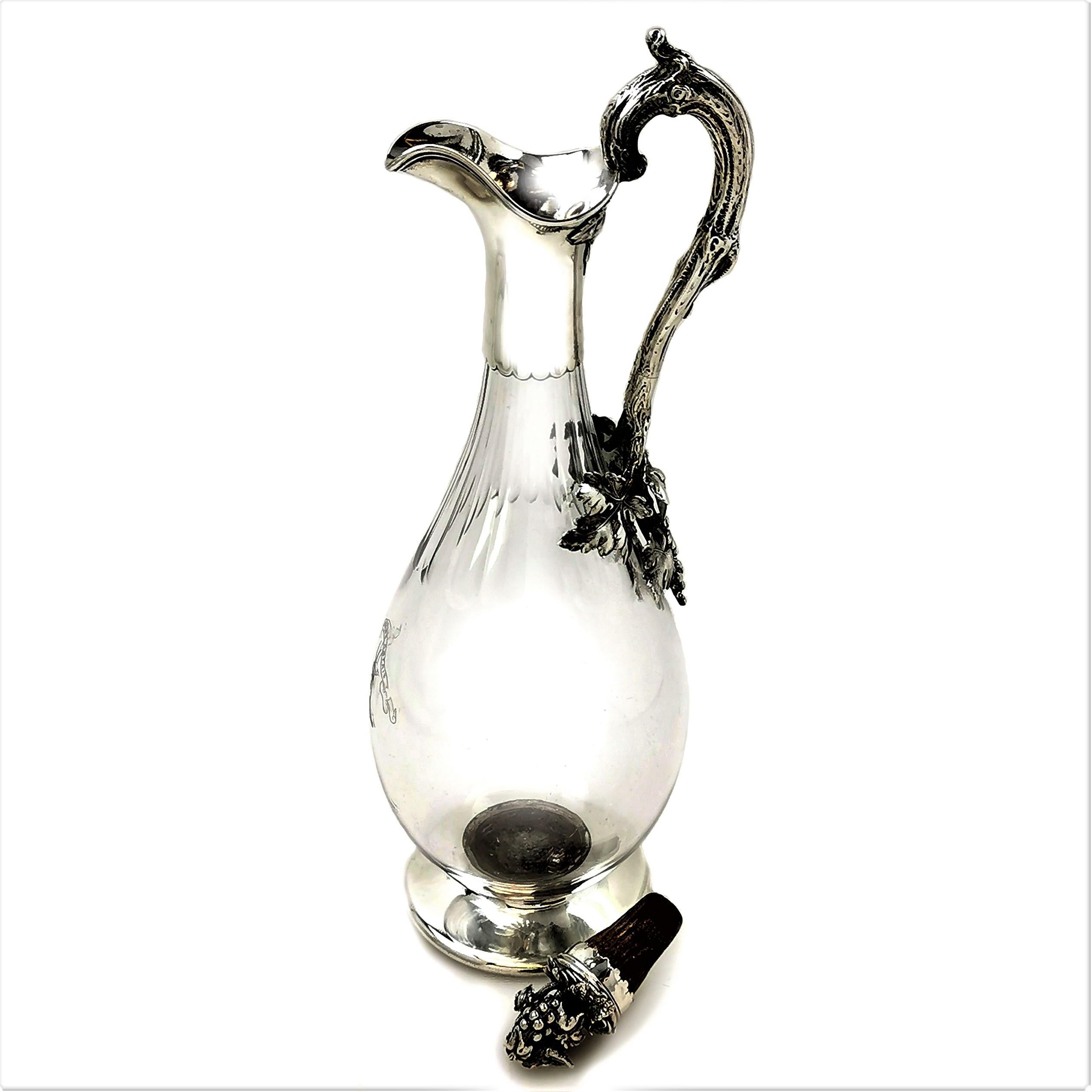 English Rare Antique Victorian Silver & Glass Claret Jug or Wine Decanter 1872 Armorial