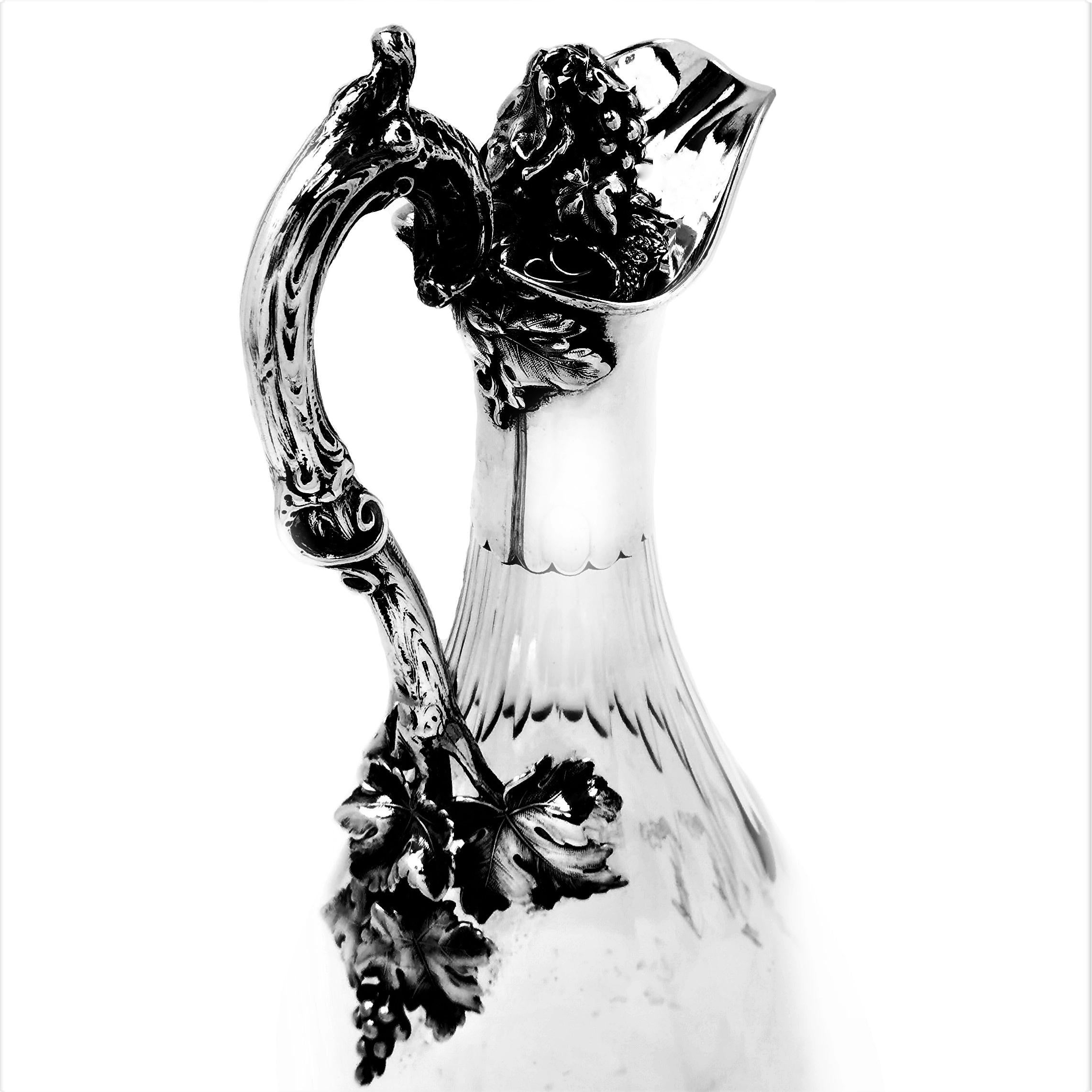 19th Century Rare Antique Victorian Silver & Glass Claret Jug or Wine Decanter 1872 Armorial