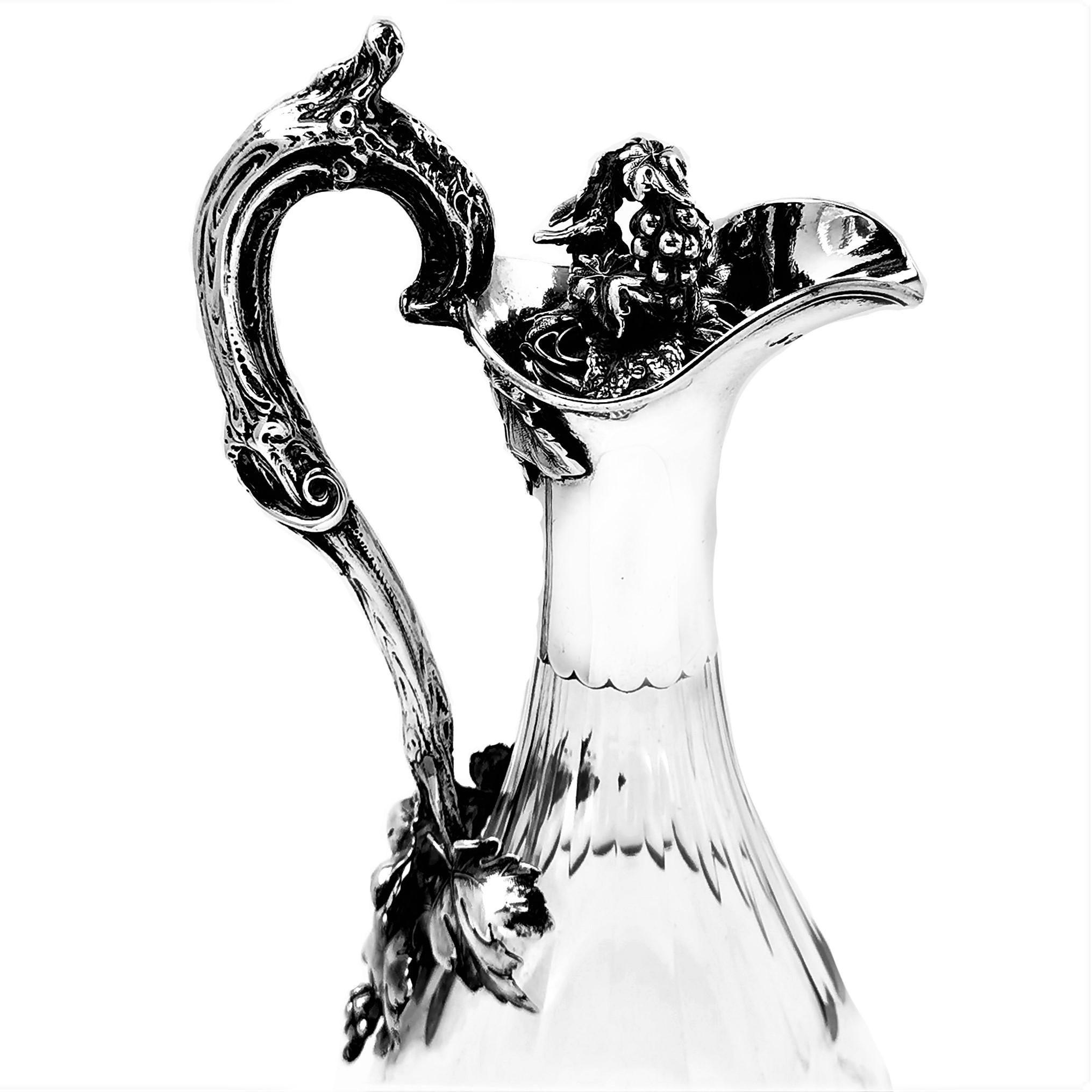 Sterling Silver Rare Antique Victorian Silver & Glass Claret Jug or Wine Decanter 1872 Armorial