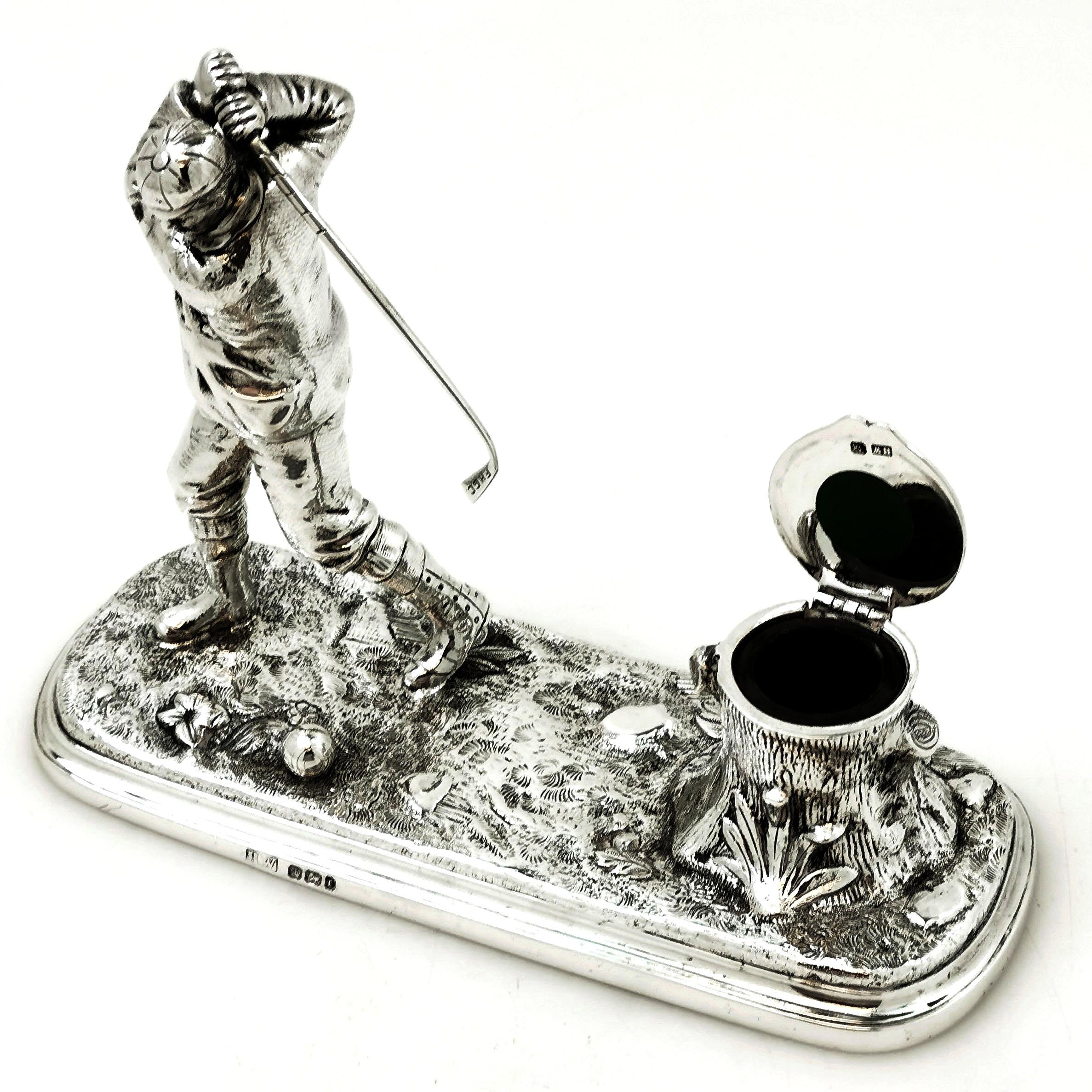 English Rare Antique Victorian Silver Golf Inkstand or Inkwell, 1895