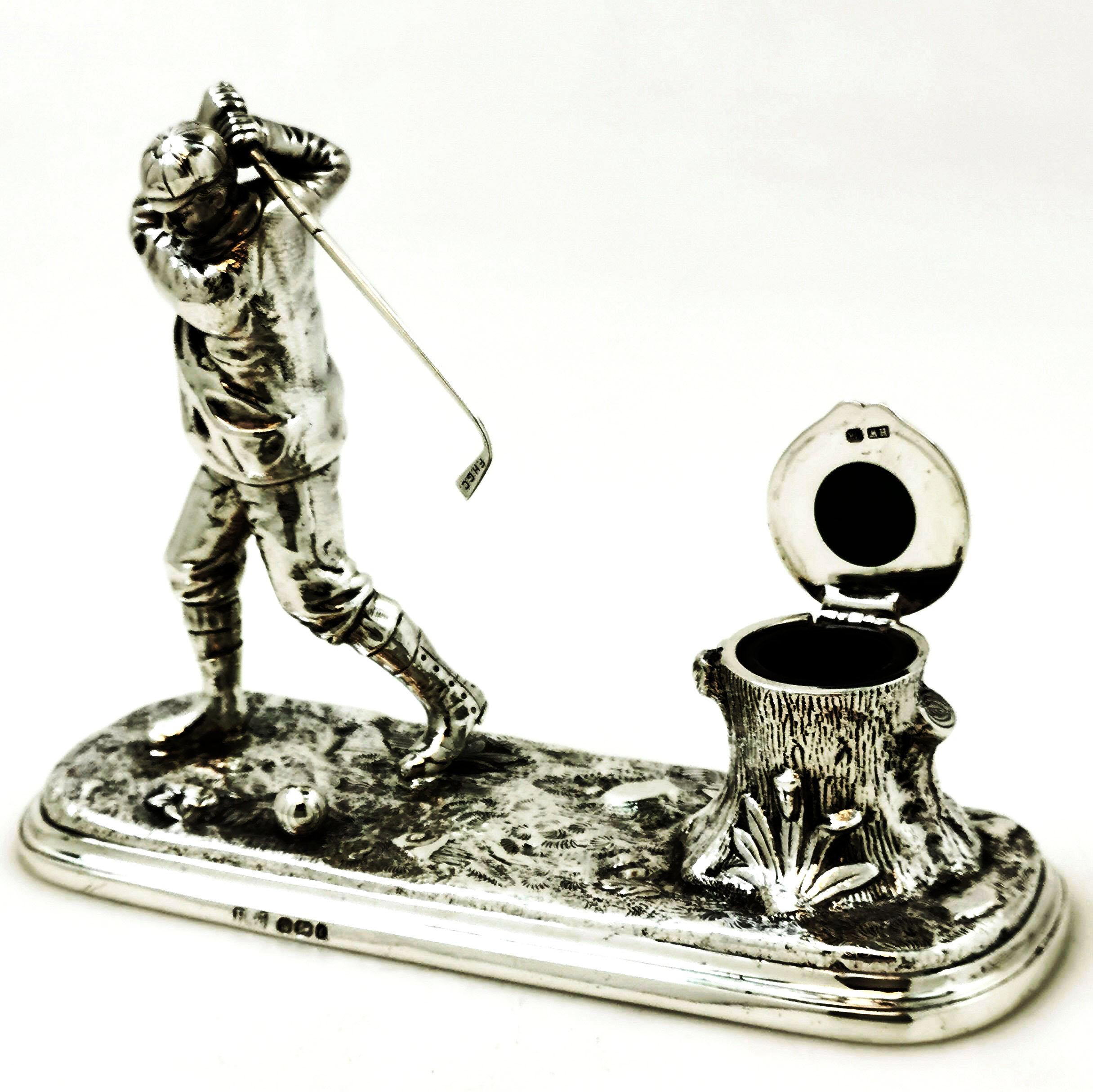 Rare Antique Victorian Silver Golf Inkstand or Inkwell, 1895 In Good Condition In London, GB