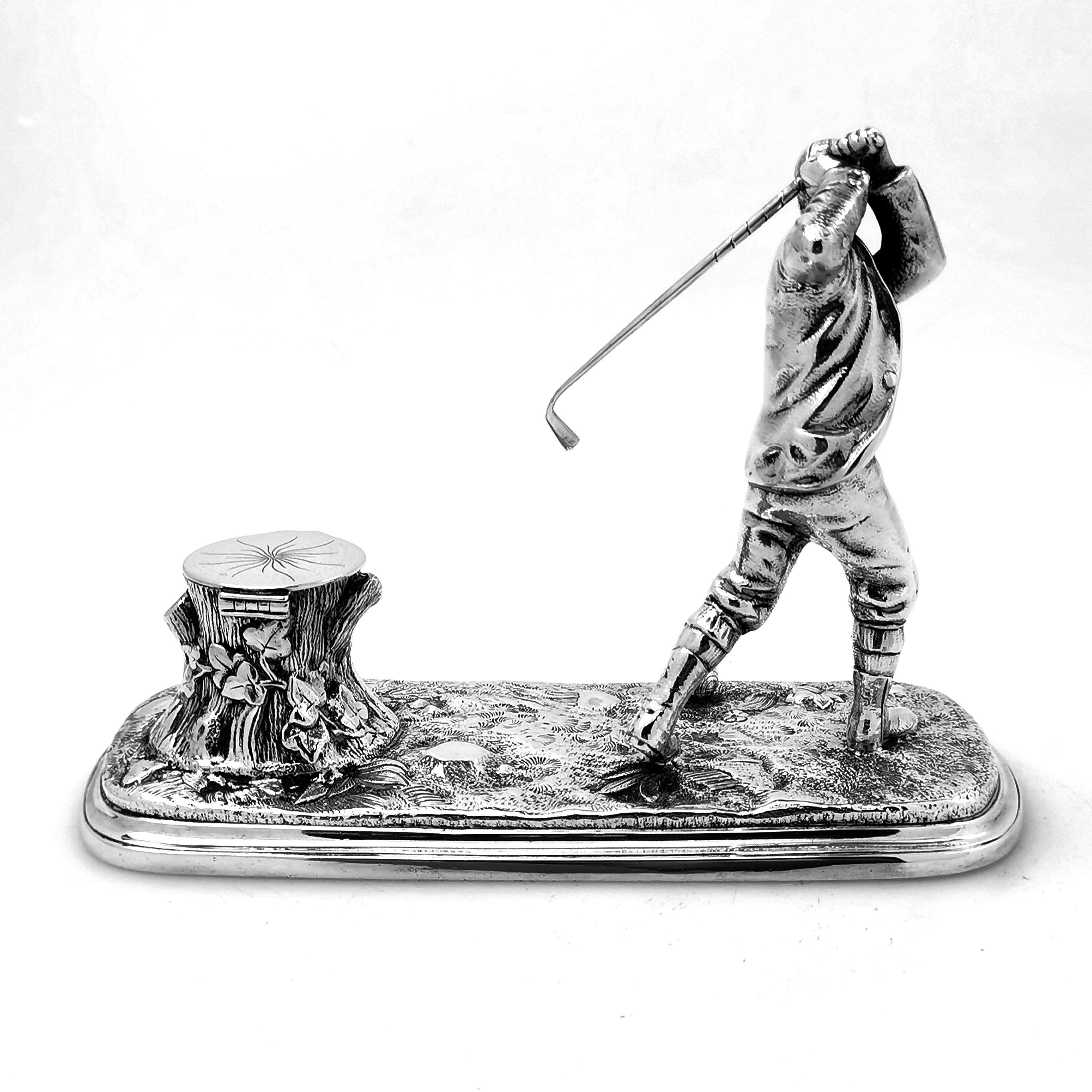 19th Century Rare Antique Victorian Silver Golf Inkstand or Inkwell, 1895