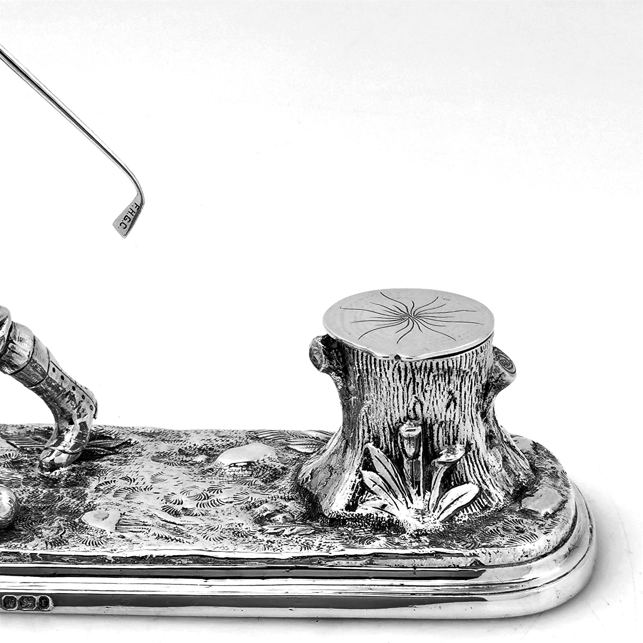 Rare Antique Victorian Silver Golf Inkstand or Inkwell, 1895 1