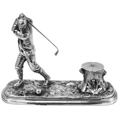 Rare Antique Victorian Silver Golf Inkstand or Inkwell, 1895