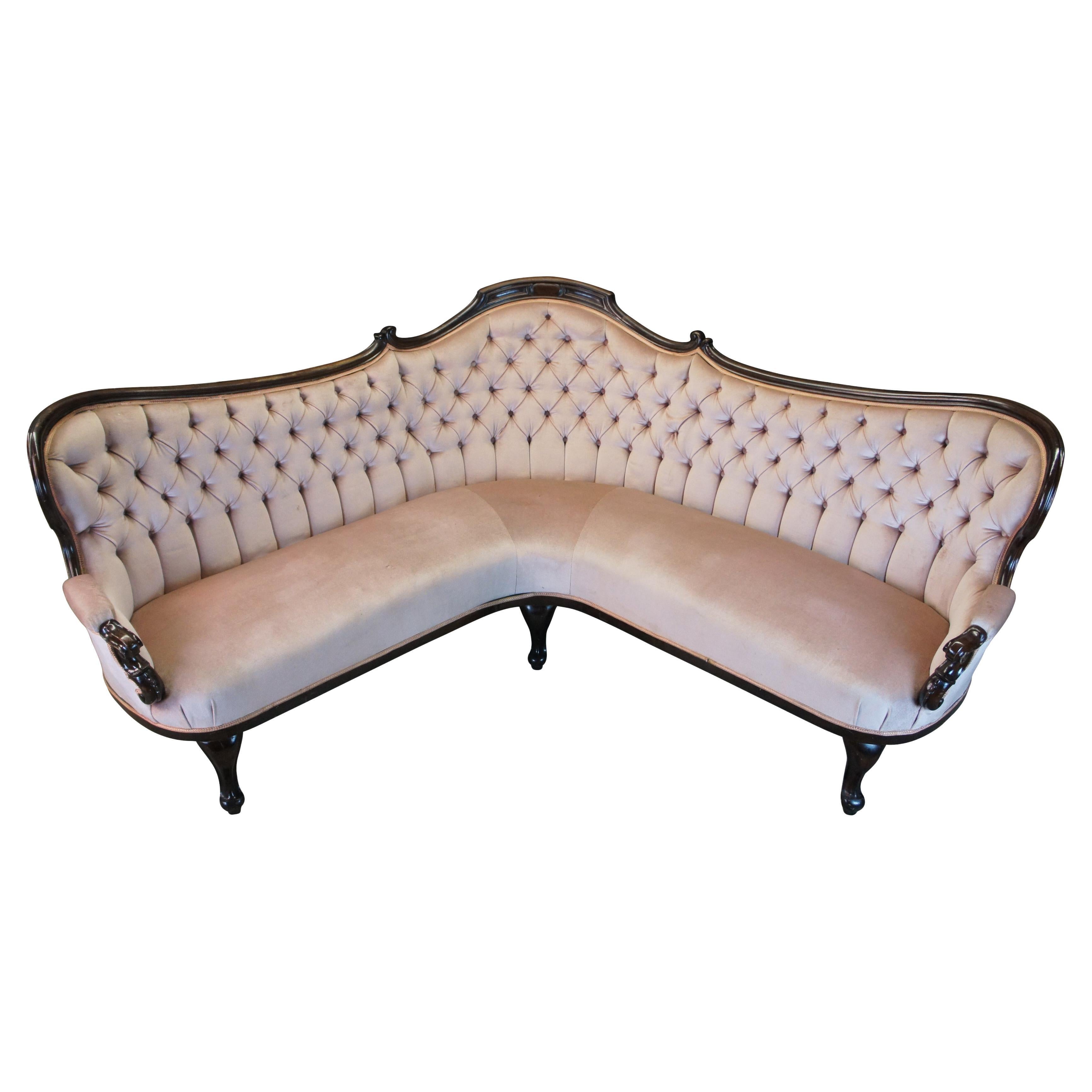 Rare Antique Victorian Walnut Tufted Serpentine Parlor Corner Sofa Settee Couch