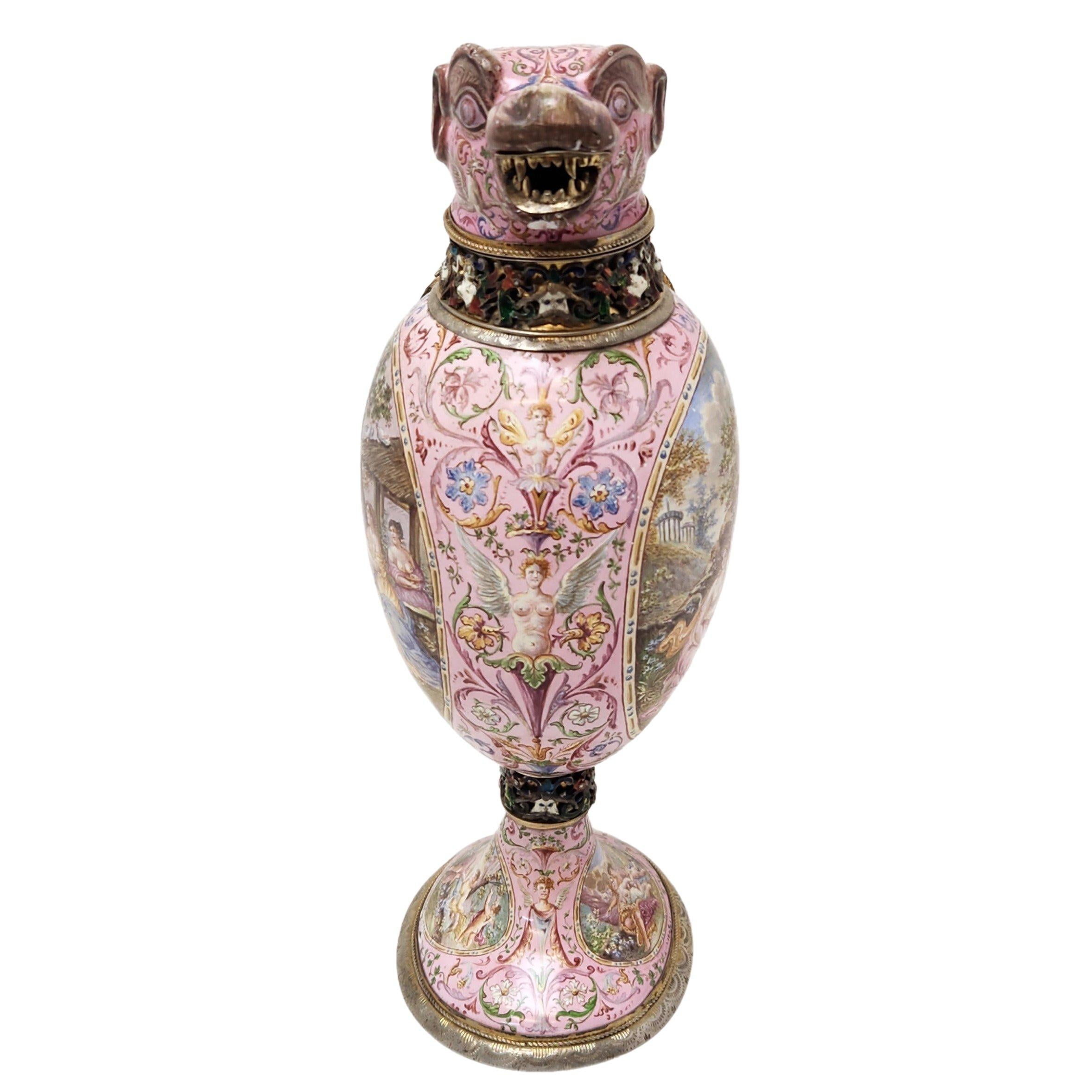 Rara jarra vienesa antigua de esmalte y plata c. 1870 Viena Austria Austríaco en venta