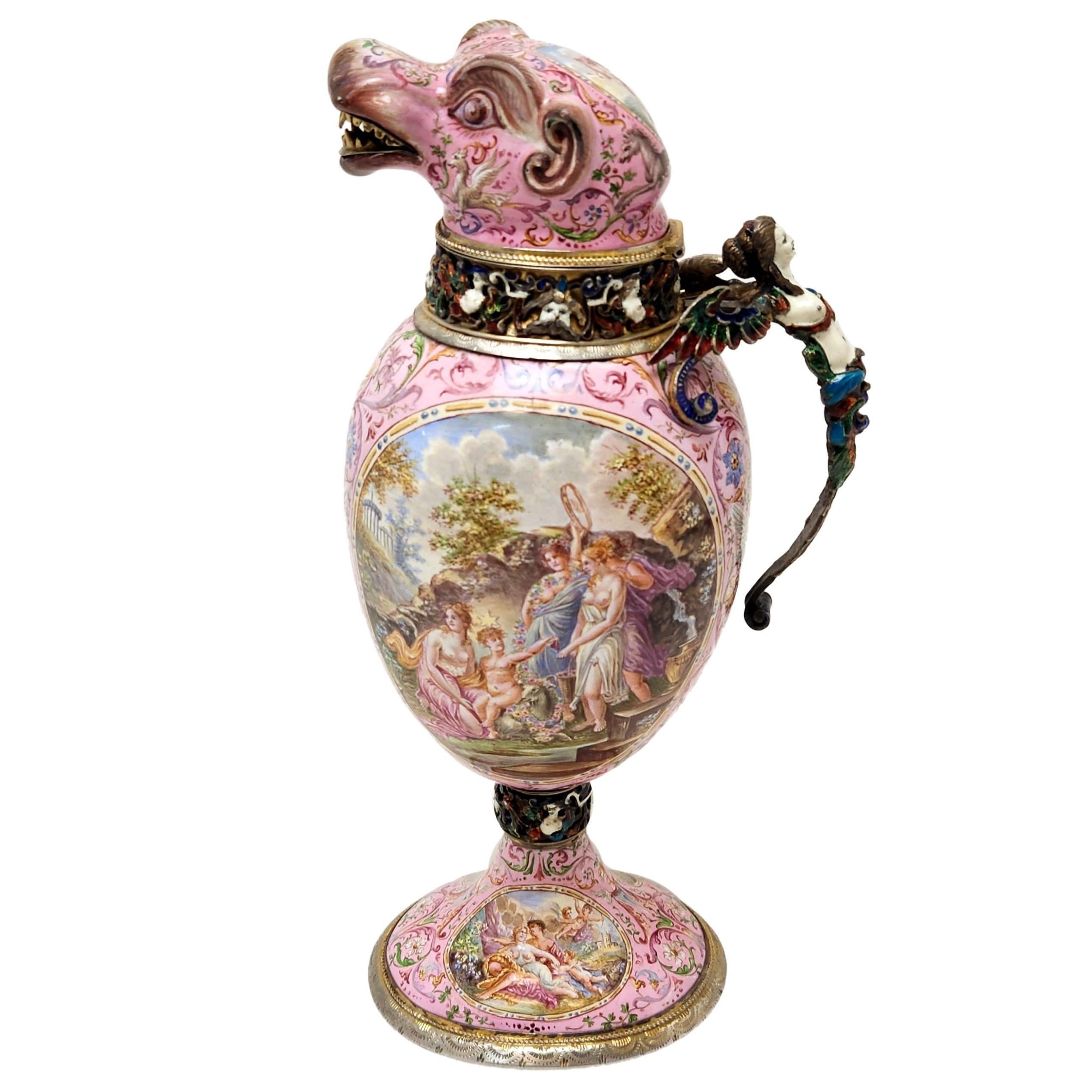 Rare Antique Viennese Enamel & Silver Jug c. 1870 Vienna Austria For Sale