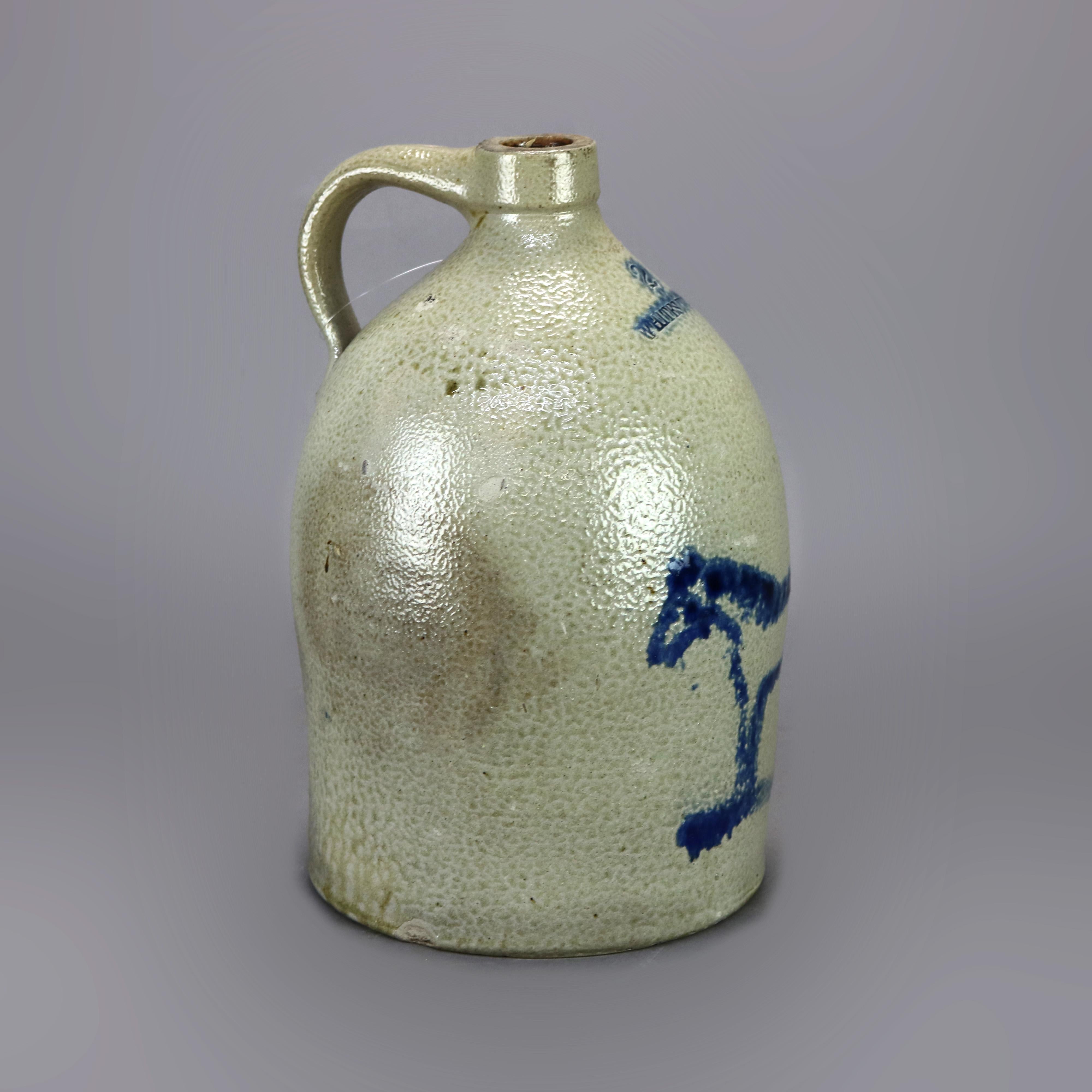 Rare Antique Whites Utica Salt Glaze Stoneware Jug, Blue Decorated Horse, 19th C 2