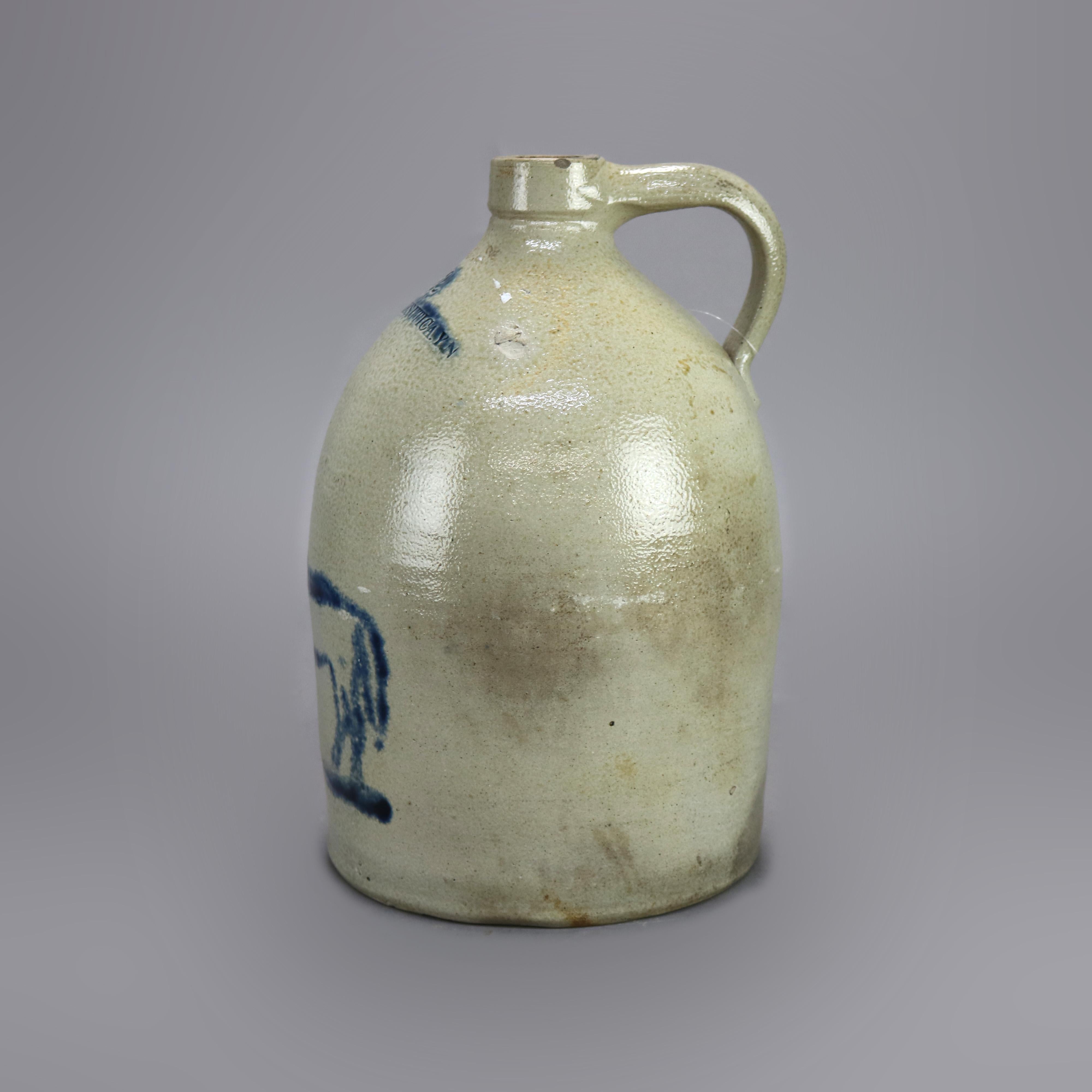 Rare Antique Whites Utica Salt Glaze Stoneware Jug, Blue Decorated Horse, 19th C 3
