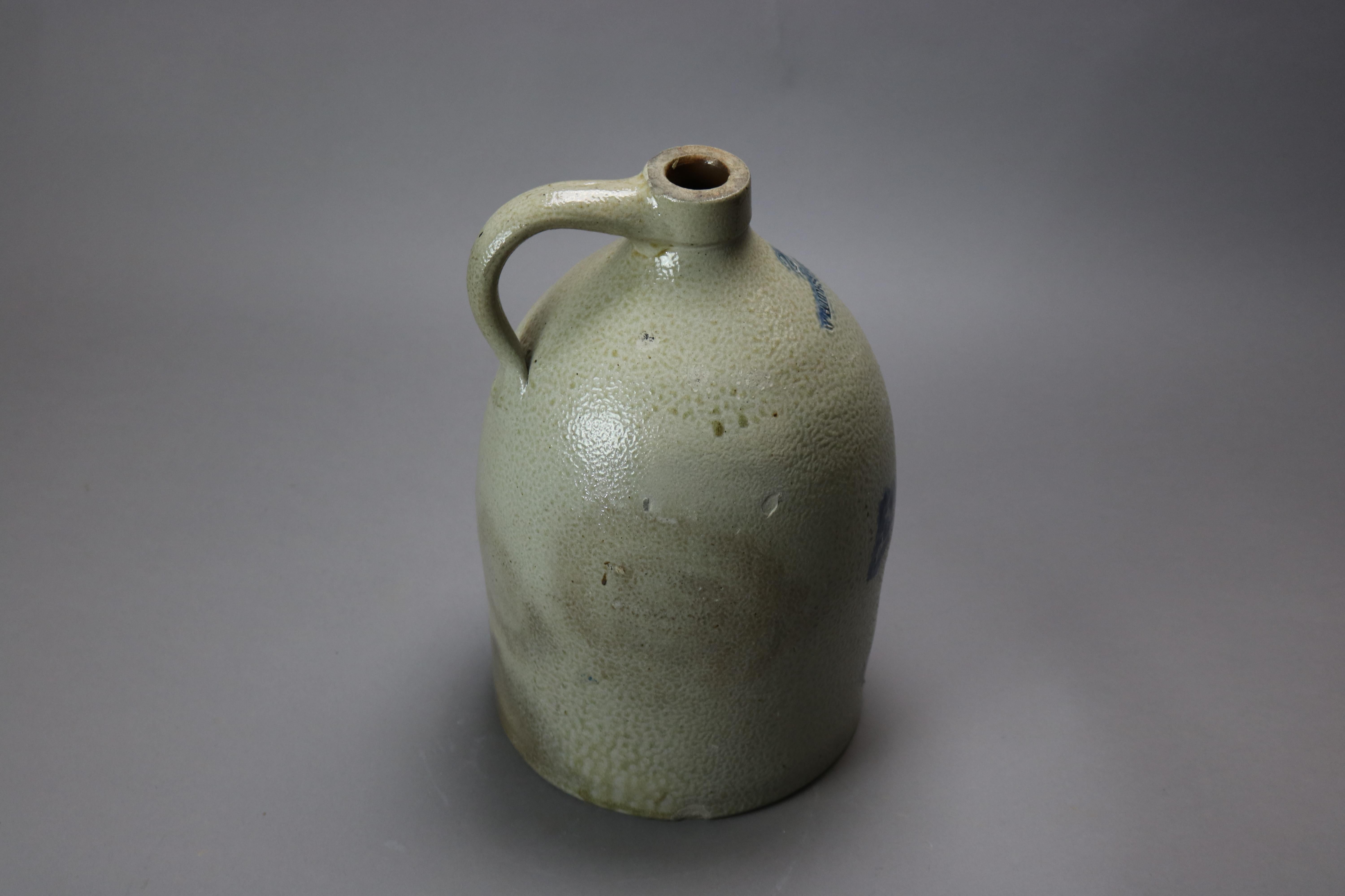 Rare Antique Whites Utica Salt Glaze Stoneware Jug, Blue Decorated Horse, 19th C 6