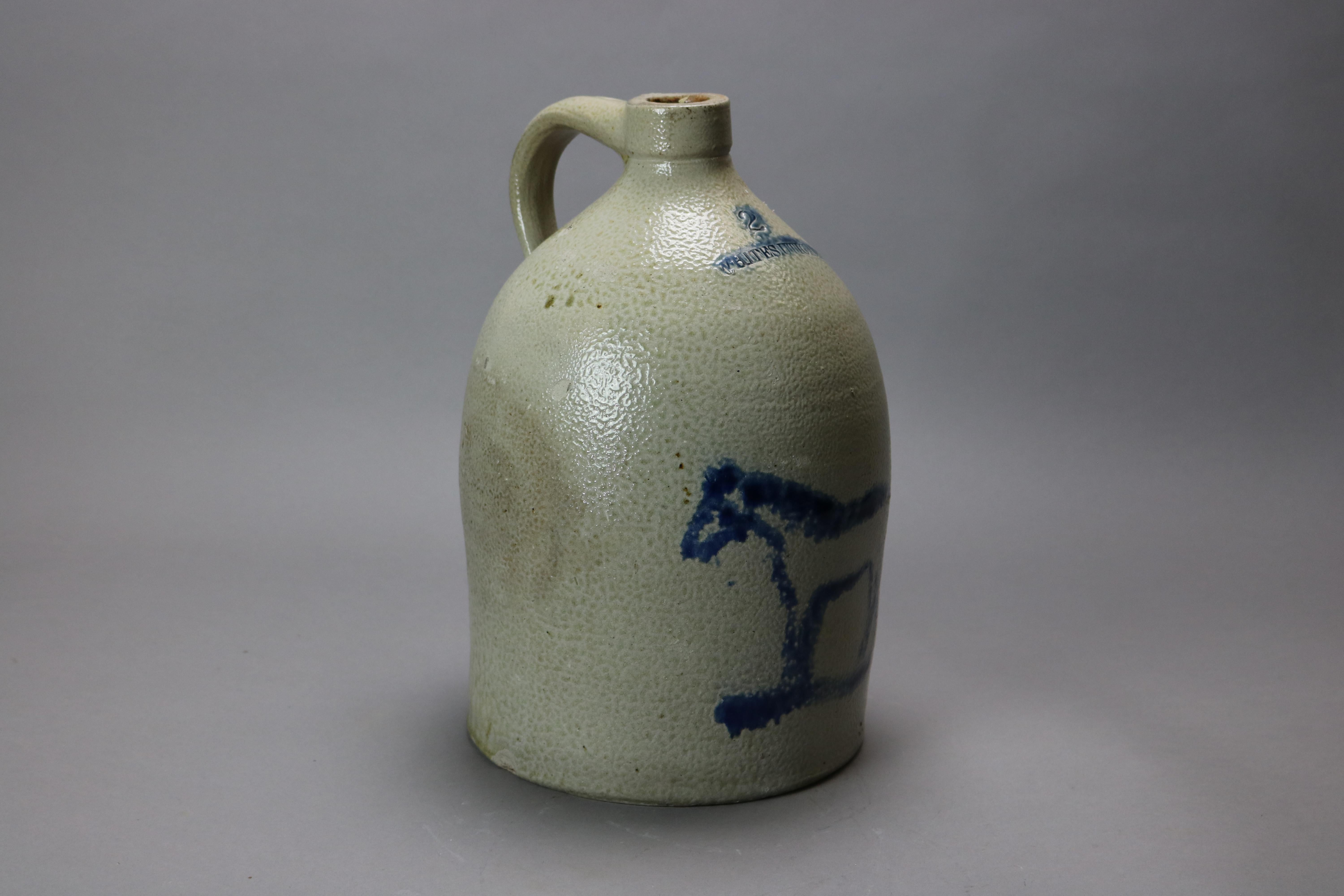 American Rare Antique Whites Utica Salt Glaze Stoneware Jug, Blue Decorated Horse, 19th C