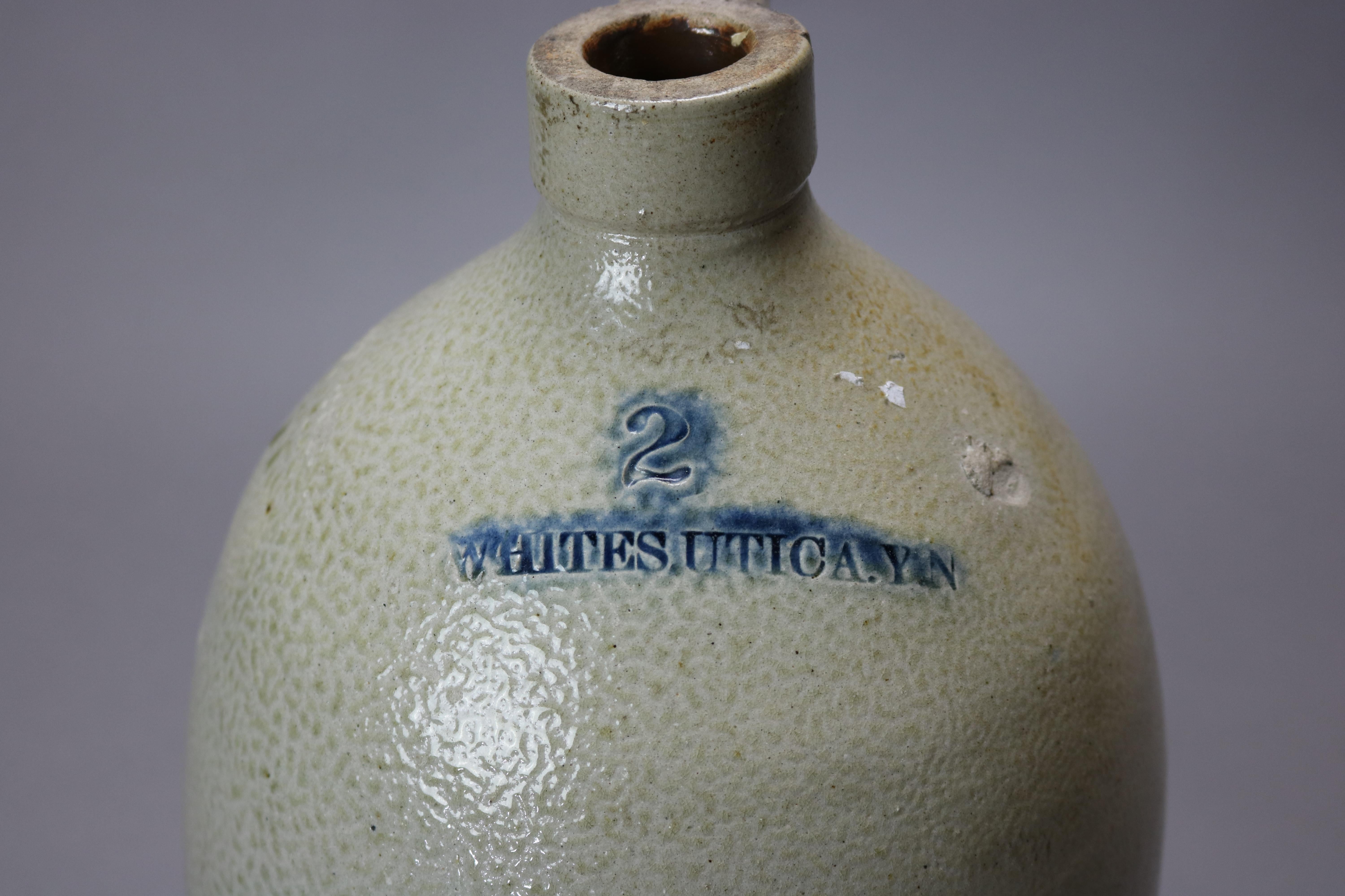 Rare Antique Whites Utica Salt Glaze Stoneware Jug, Blue Decorated Horse, 19th C In Good Condition In Big Flats, NY