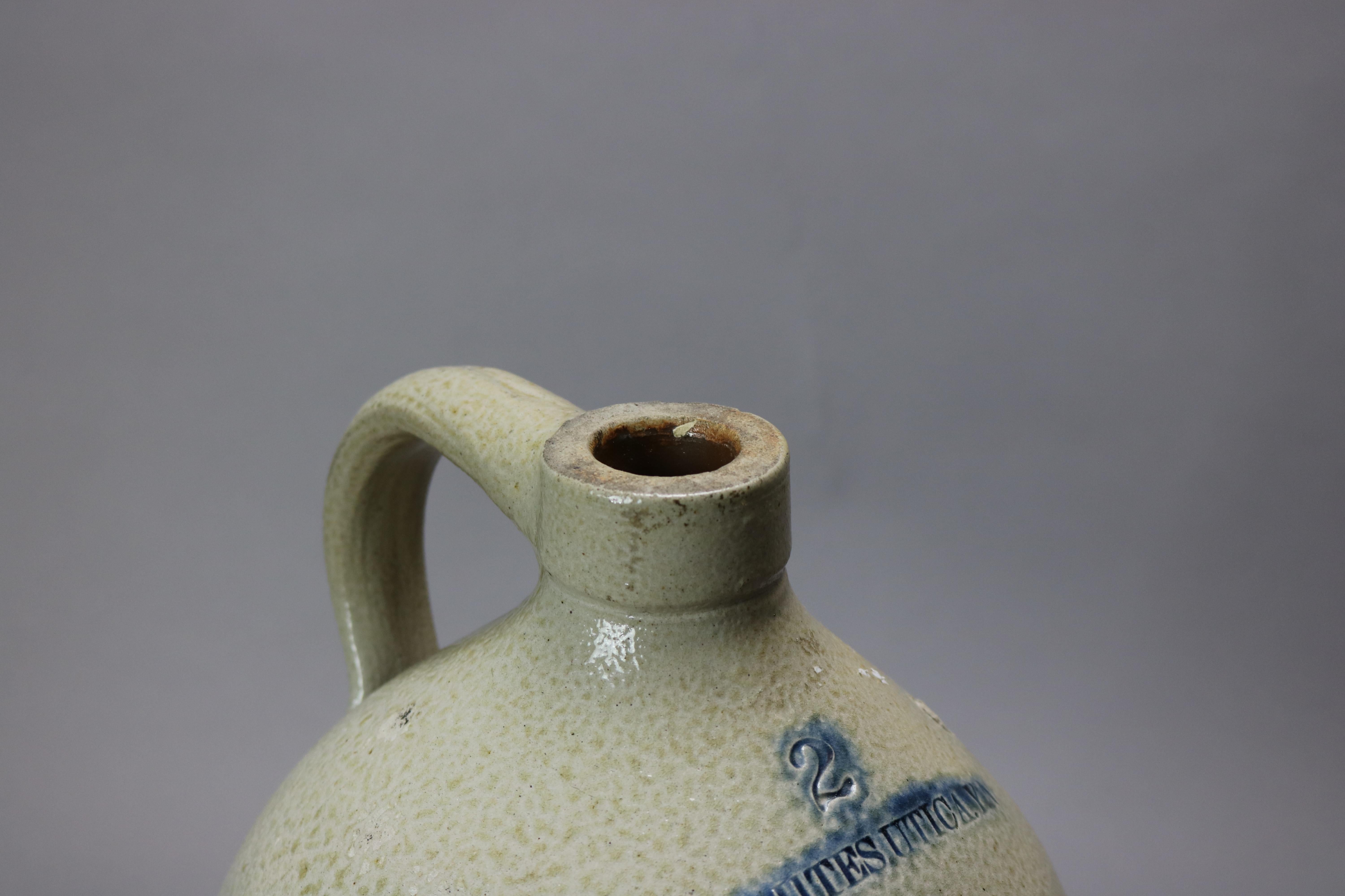 19th Century Rare Antique Whites Utica Salt Glaze Stoneware Jug, Blue Decorated Horse, 19th C