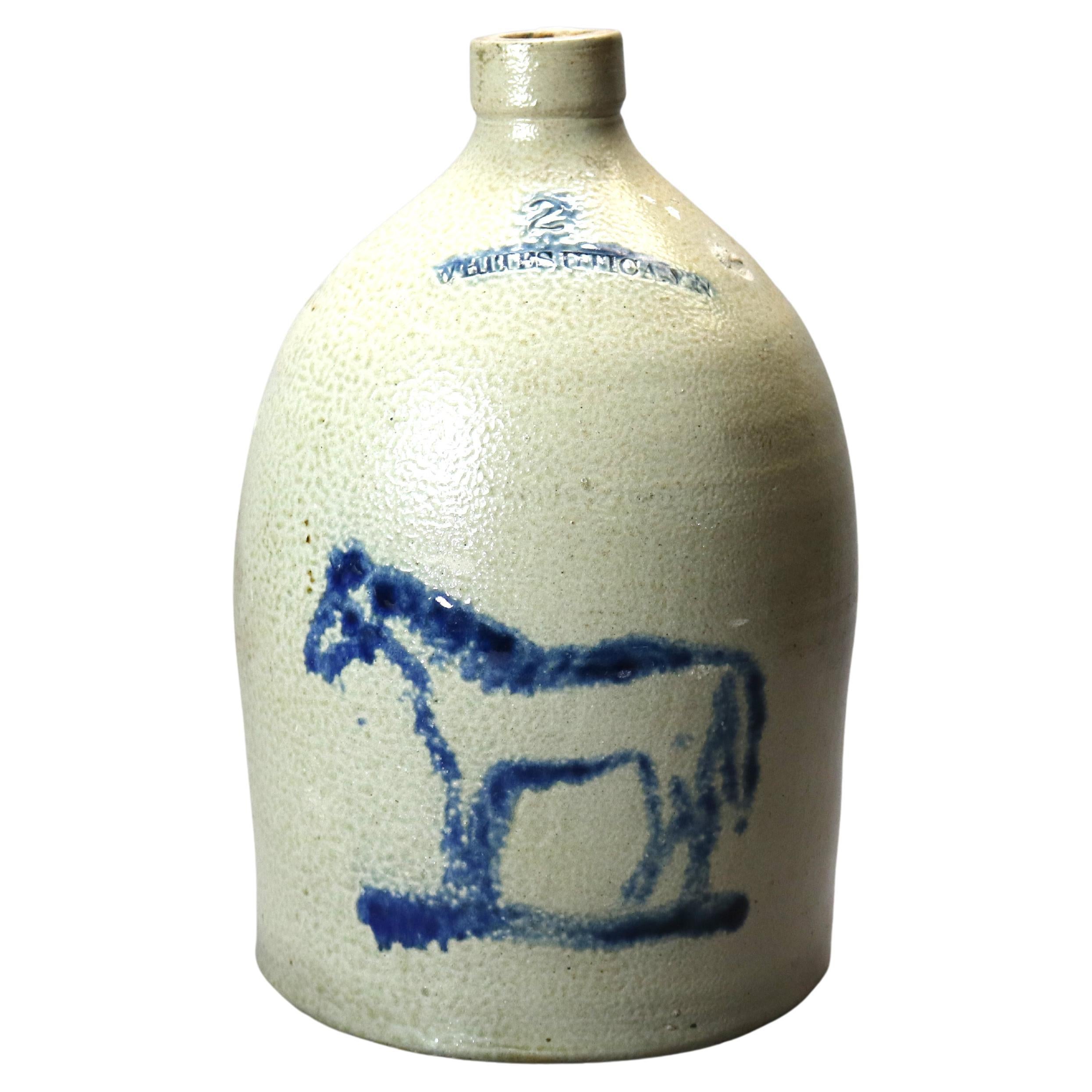 Rare Antique Whites Utica Salt Glaze Stoneware Jug, Blue Decorated Horse, 19th C