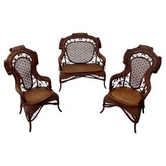 Rara suite antigua de mimbre para salón de Heywood Wakefield, 1890