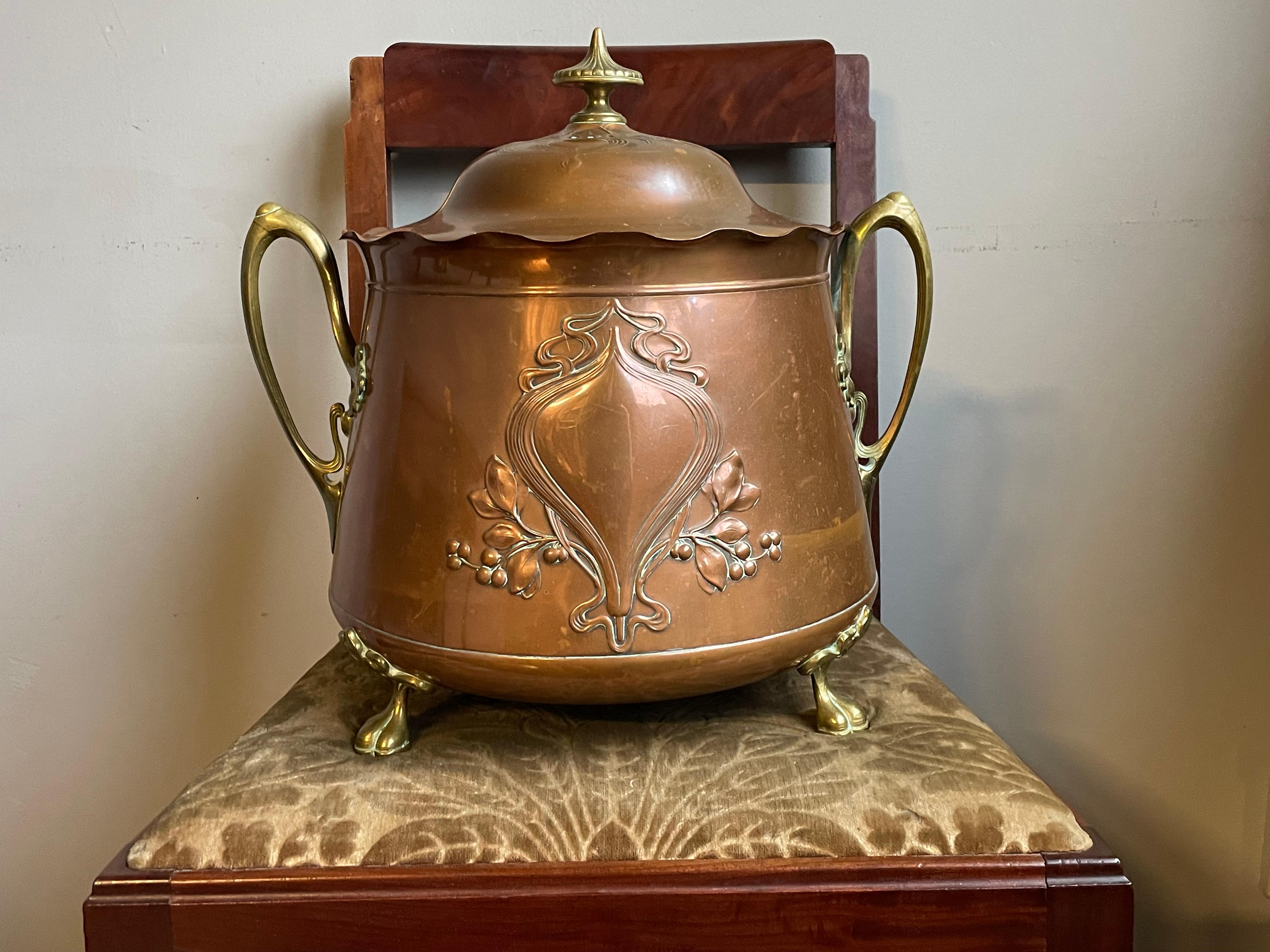 Rare Antique WMF Attr. Arts & Crafts Embossed Brass Coal Kettle /Firewood Bucket For Sale 2