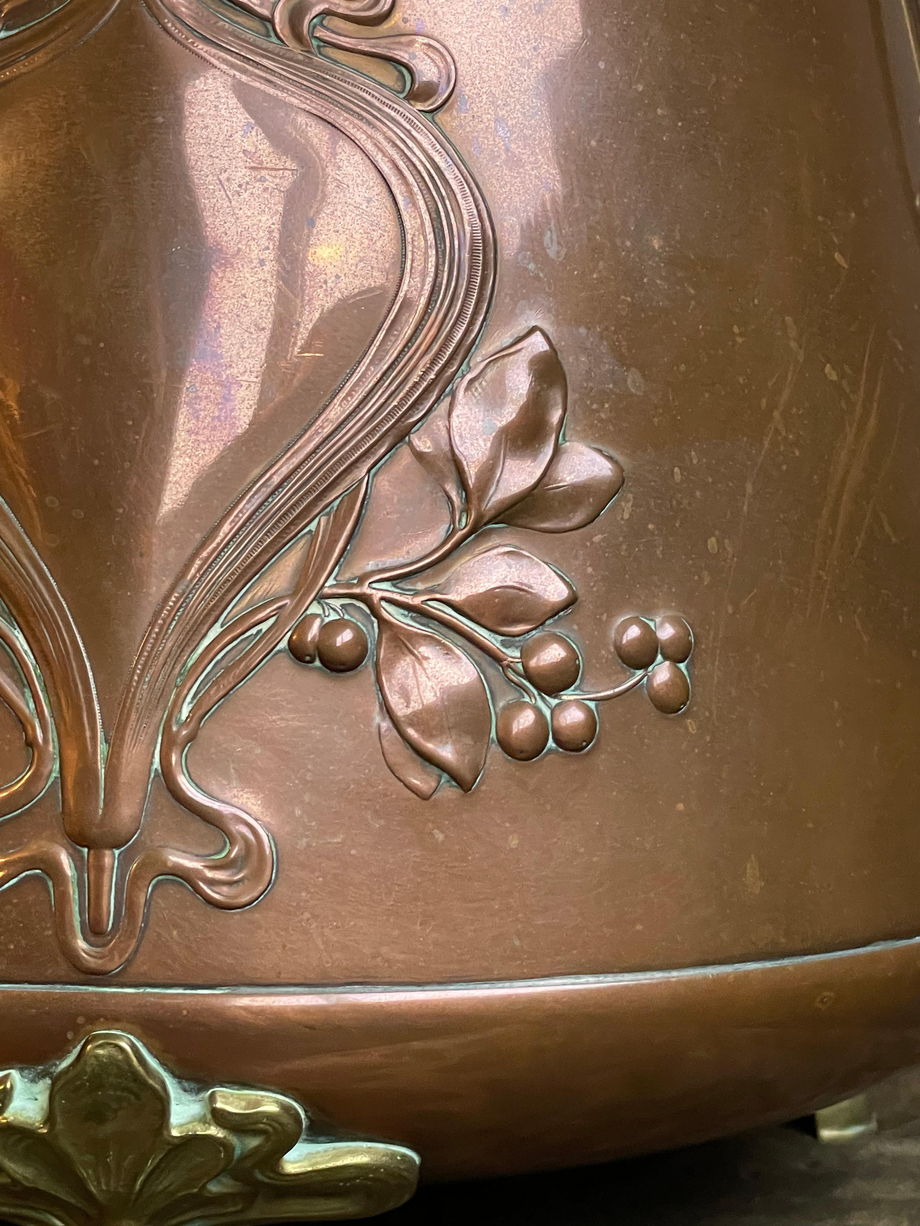 Rare Antique WMF Attr. Arts & Crafts Embossed Brass Coal Kettle /Firewood Bucket 9