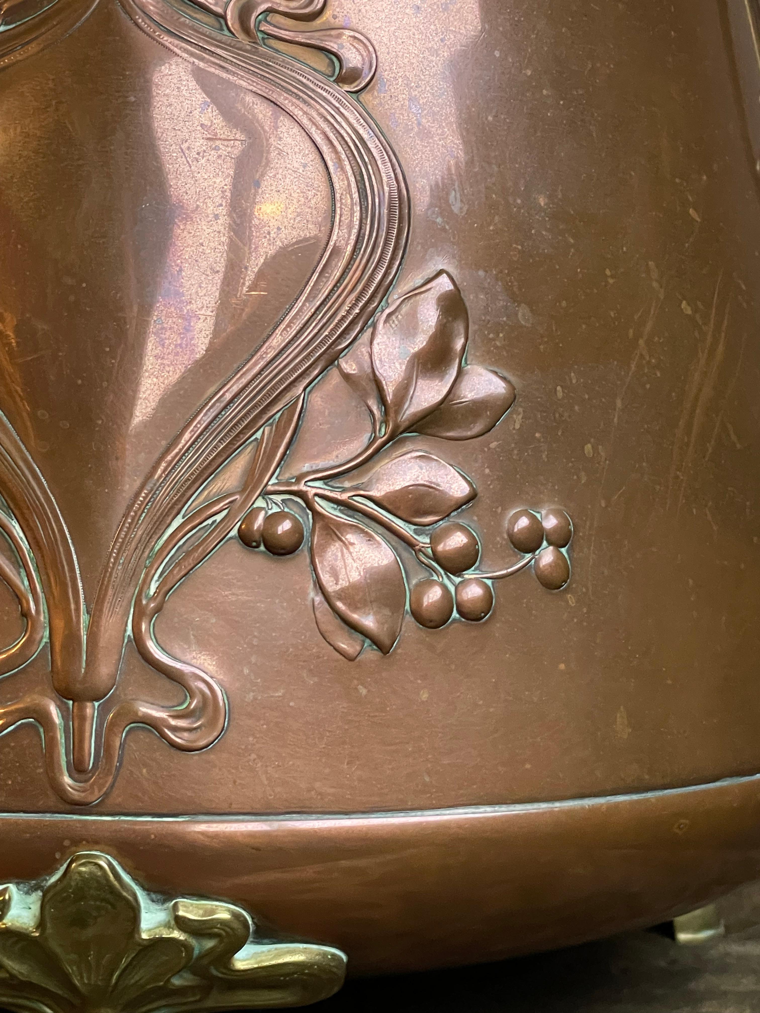 Rare Antique WMF Attr. Arts & Crafts Embossed Brass Coal Kettle /Firewood Bucket For Sale 8