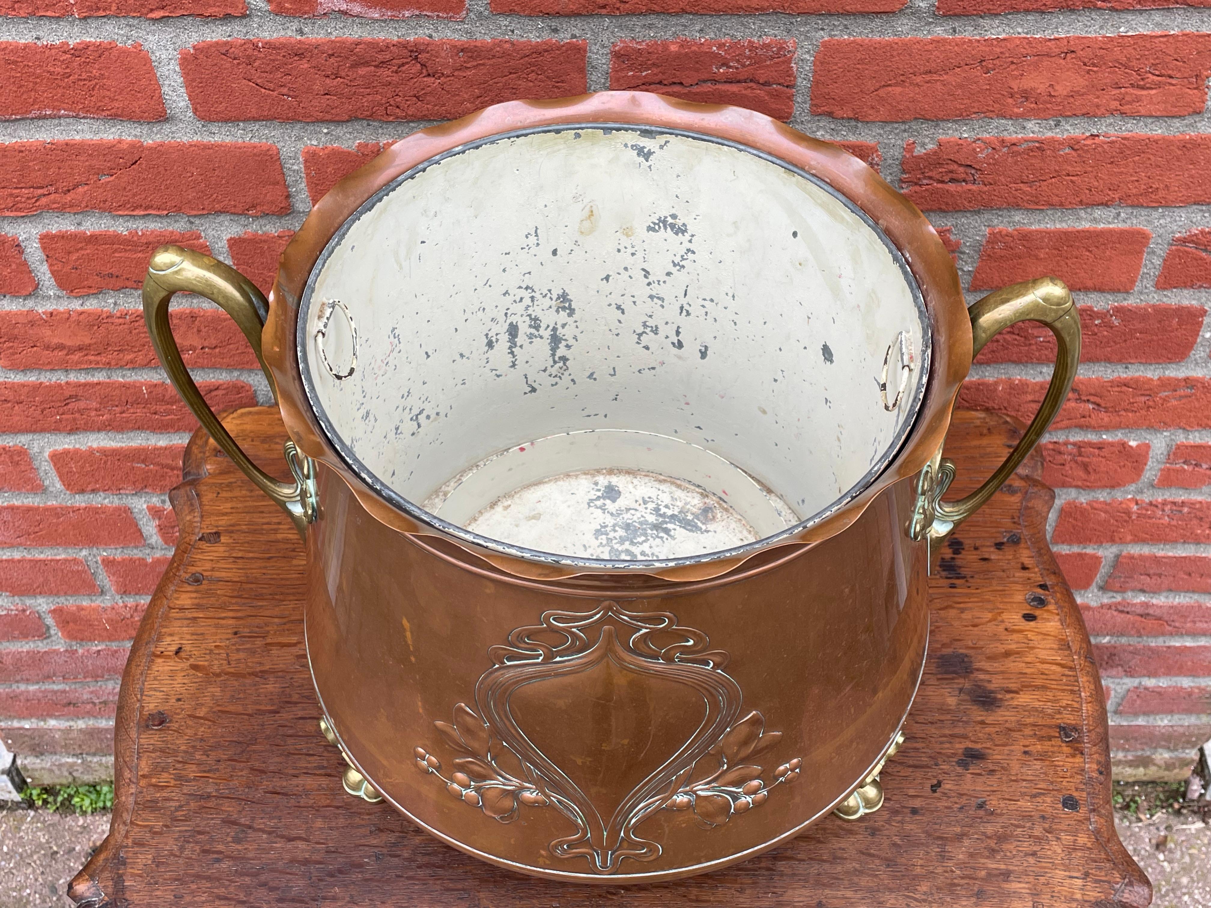 German Rare Antique WMF Attr. Arts & Crafts Embossed Brass Coal Kettle /Firewood Bucket For Sale