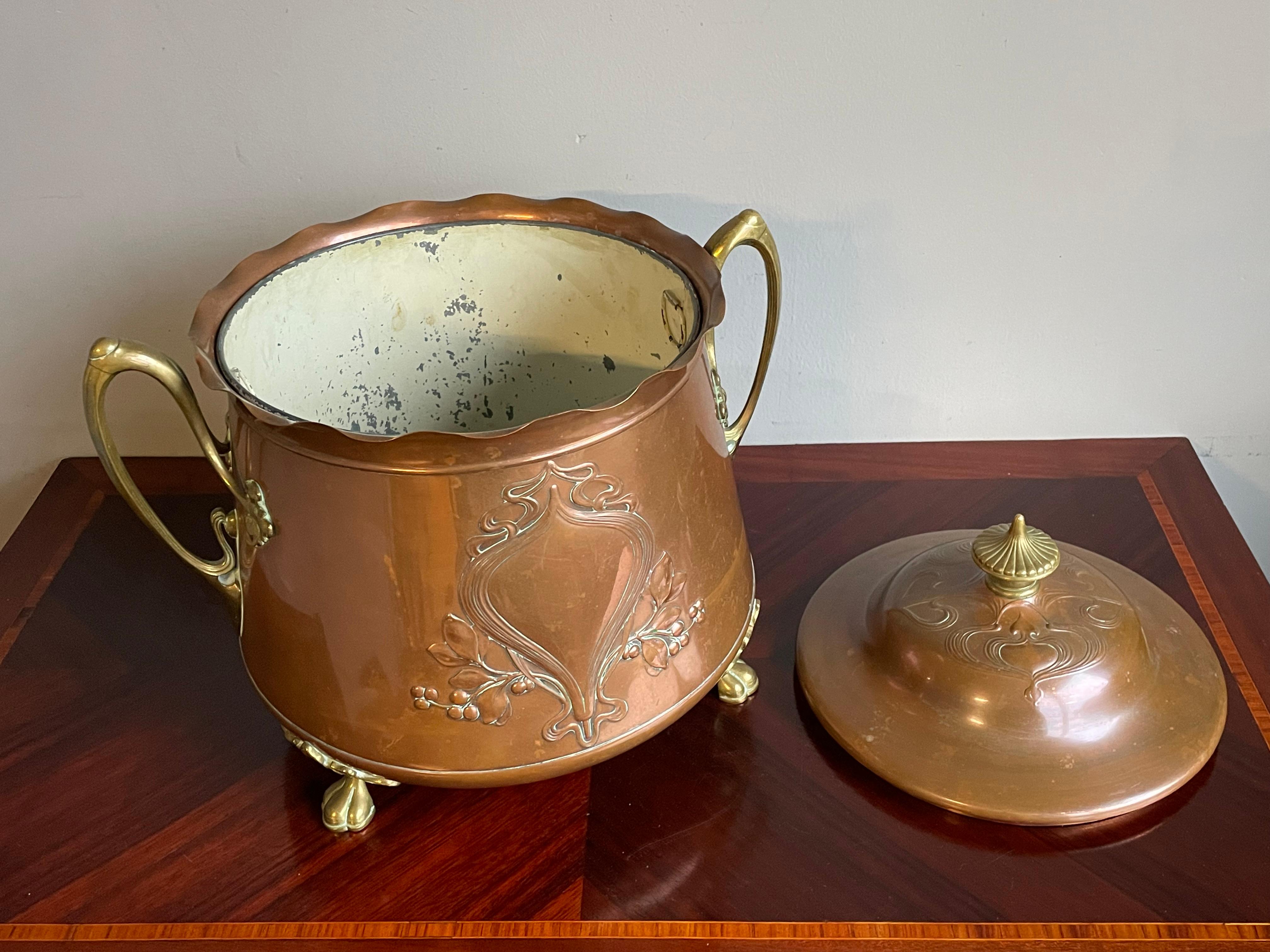 19th Century Rare Antique WMF Attr. Arts & Crafts Embossed Brass Coal Kettle /Firewood Bucket For Sale