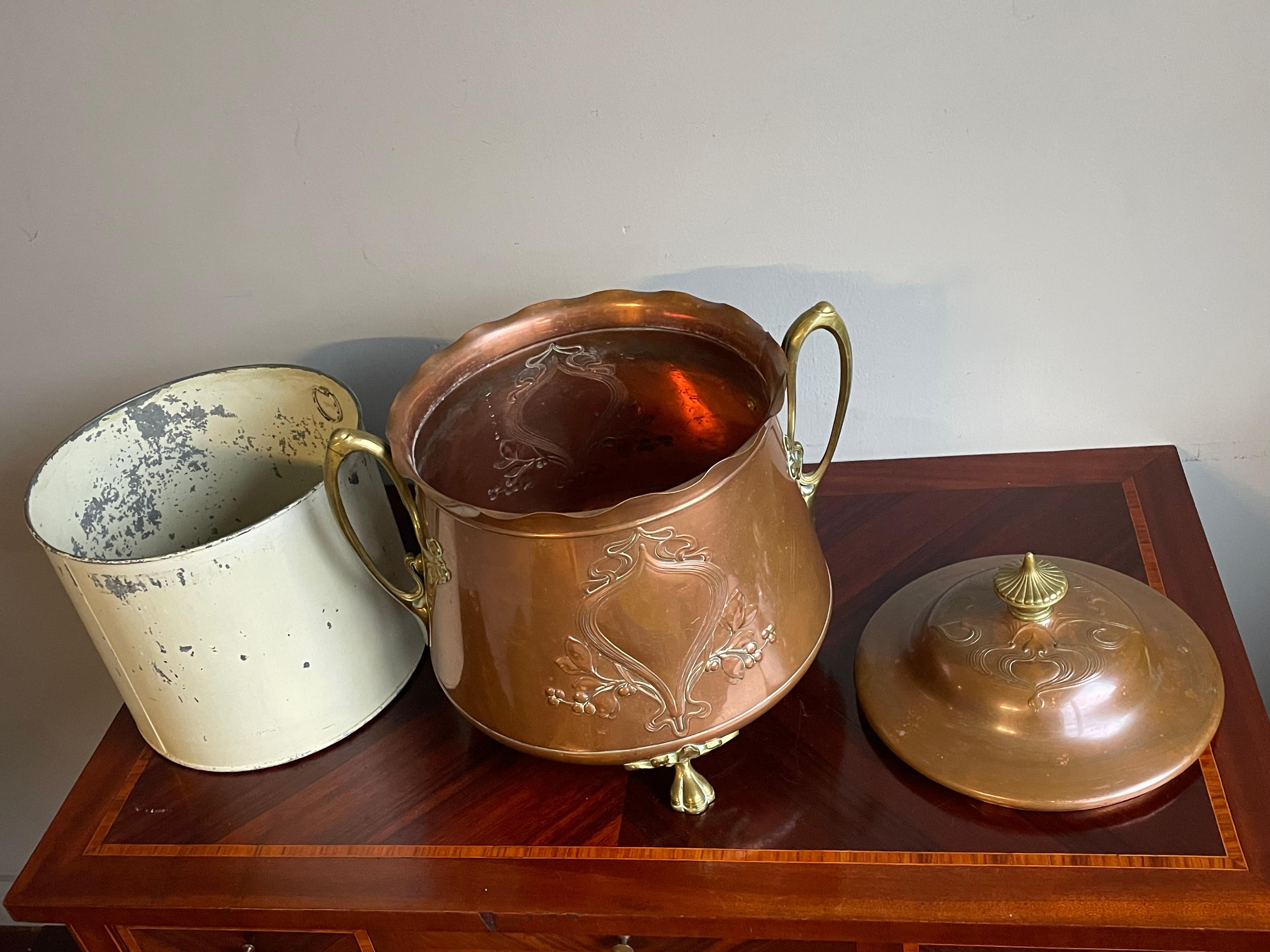 Copper Rare Antique WMF Attr. Arts & Crafts Embossed Brass Coal Kettle /Firewood Bucket For Sale