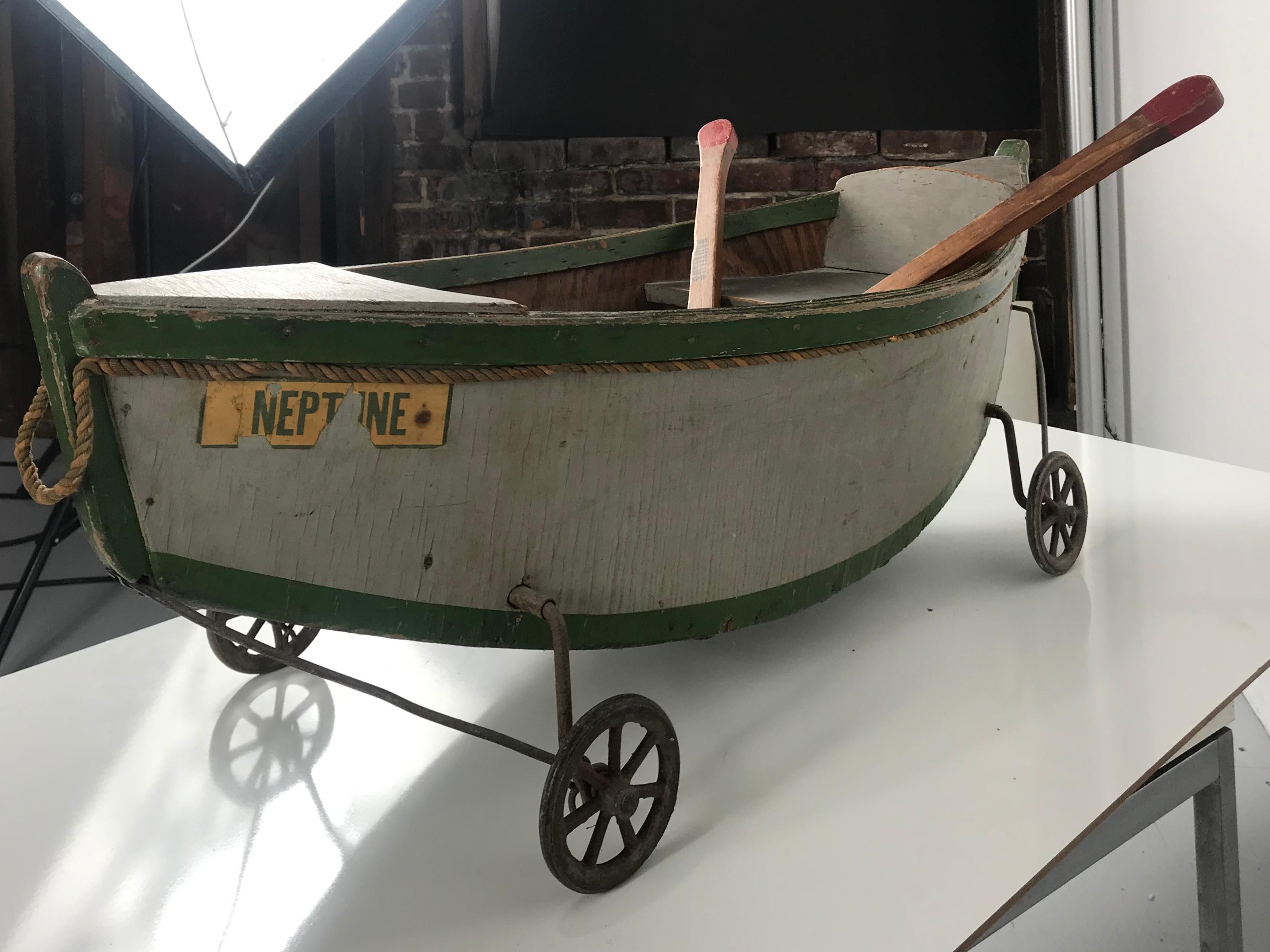 Rare Antique Wooden Child's Ride on Wooden Toy Boat by Nautilus Toy Co. London  In Distressed Condition For Sale In Buffalo, NY