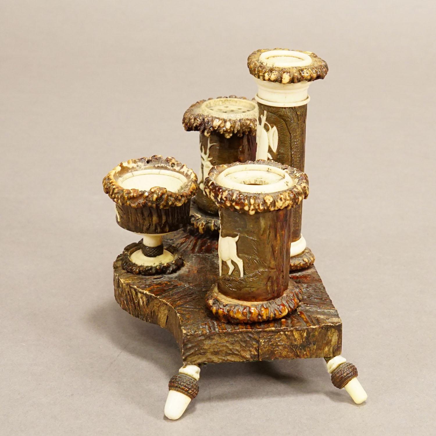 Black Forest Rare Antler Desk Standish with Elaborate Carvings, Germany ca. 1840 For Sale
