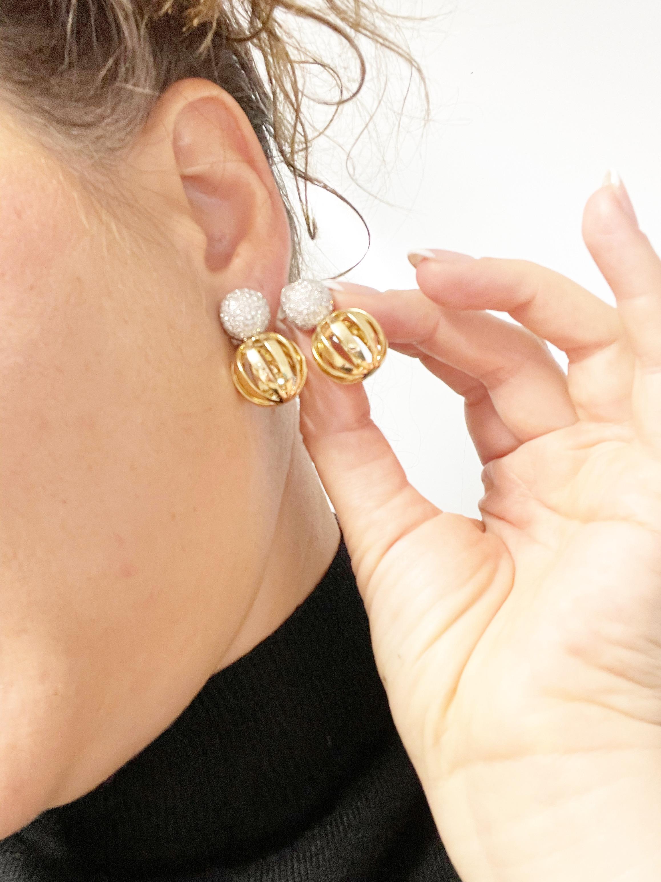 Seltene Antonini Große Diamant-Ohrringe 18KT Gelb- und Weißgold 1,58 Karat Clip-On (Art nouveau) im Angebot