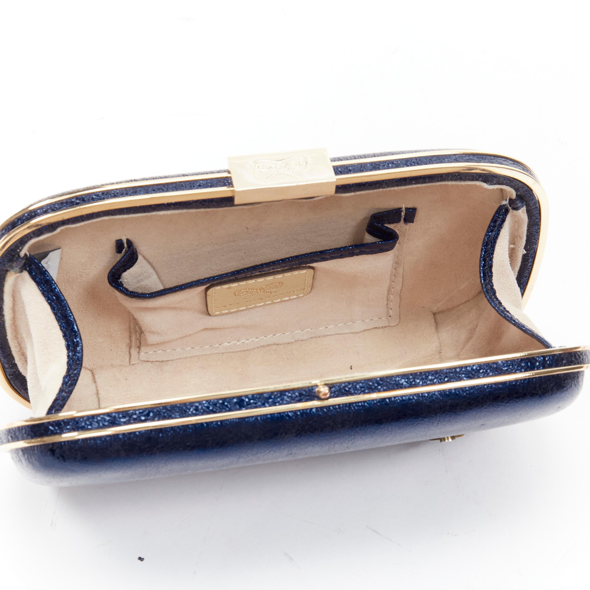 rare ANYA HINDMARCH Marano Music Box metallic blue crinkle leather gold frame  For Sale 2