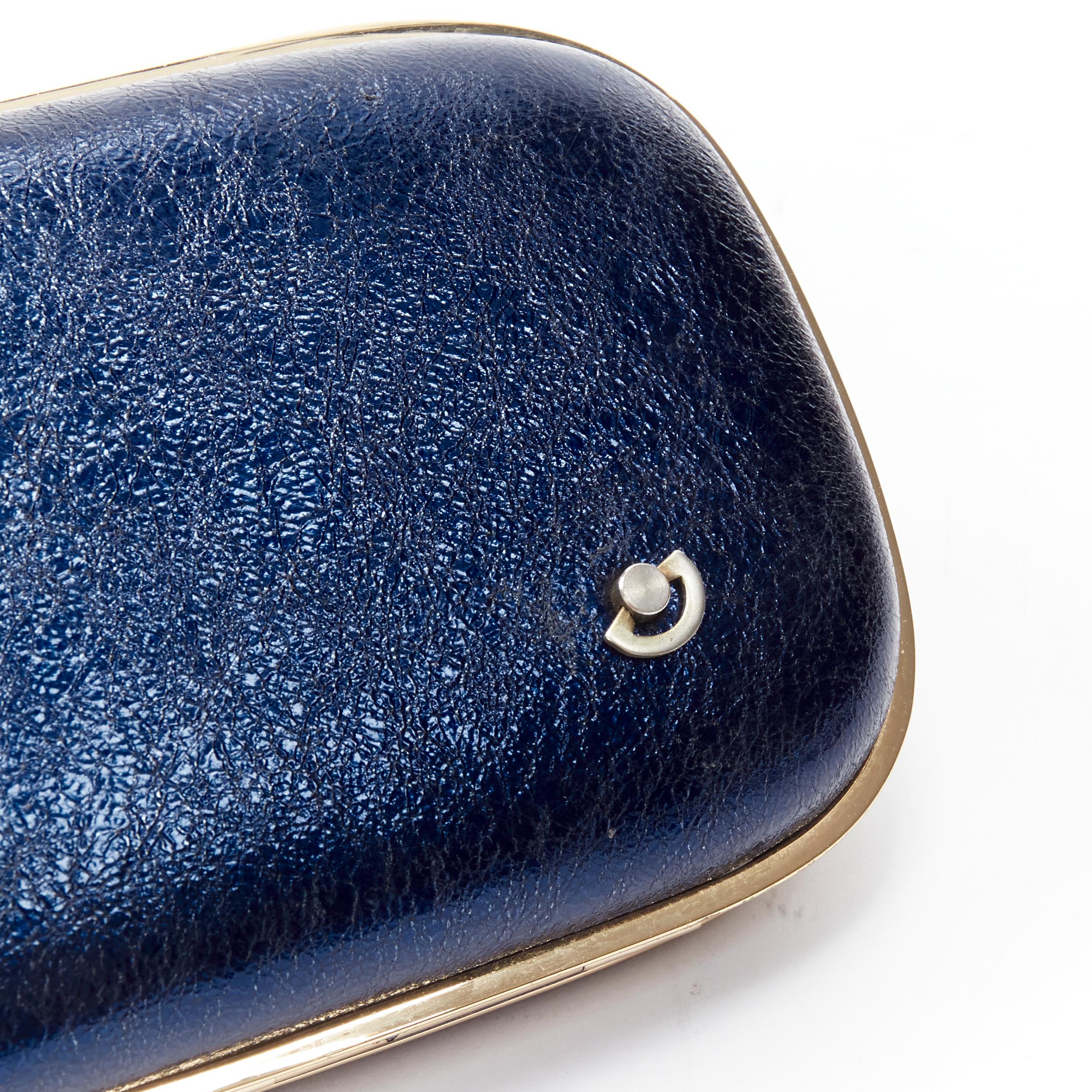 rare ANYA HINDMARCH Marano Music Box metallic blue crinkle leather gold frame  In Good Condition For Sale In Hong Kong, NT