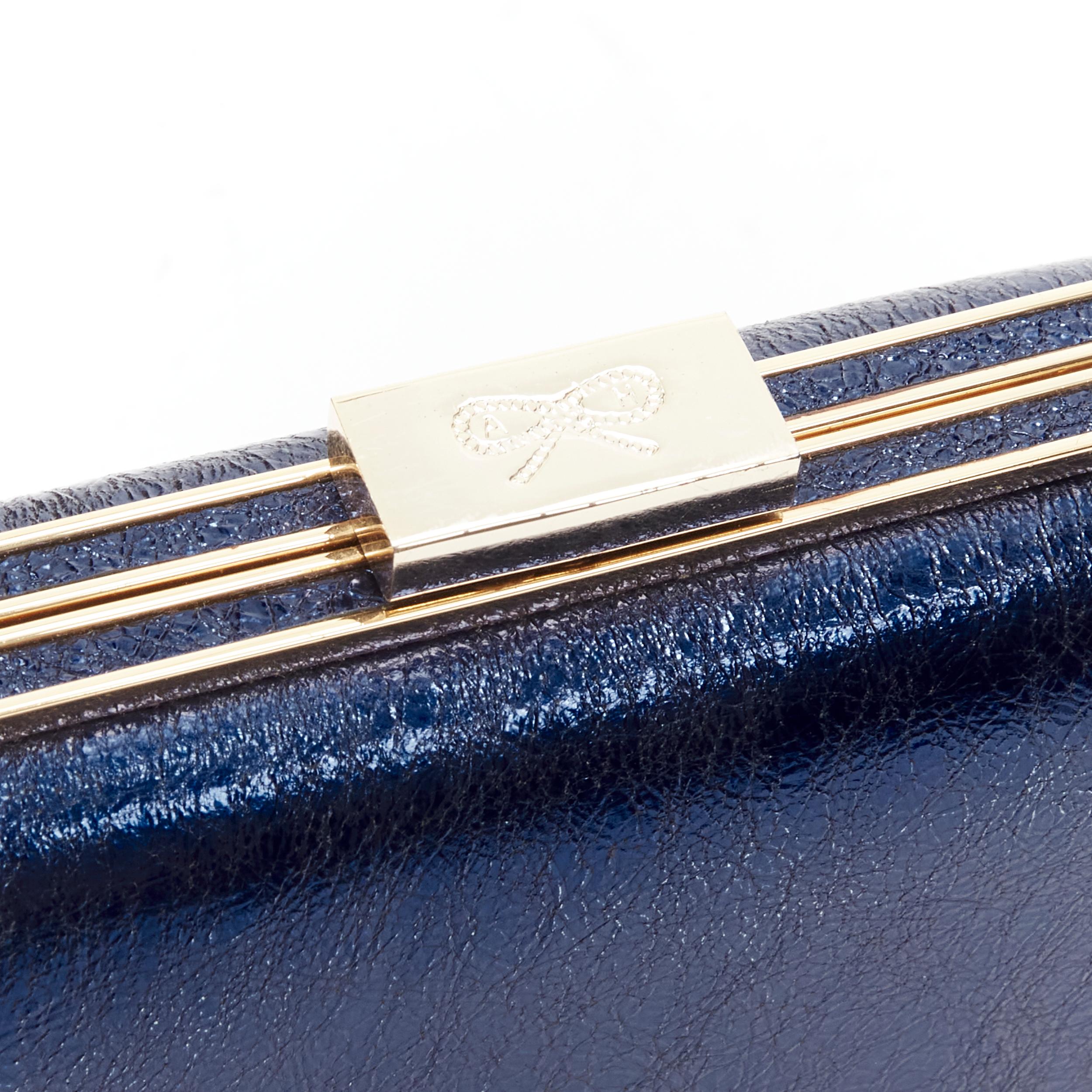 Women's rare ANYA HINDMARCH Marano Music Box metallic blue crinkle leather gold frame  For Sale