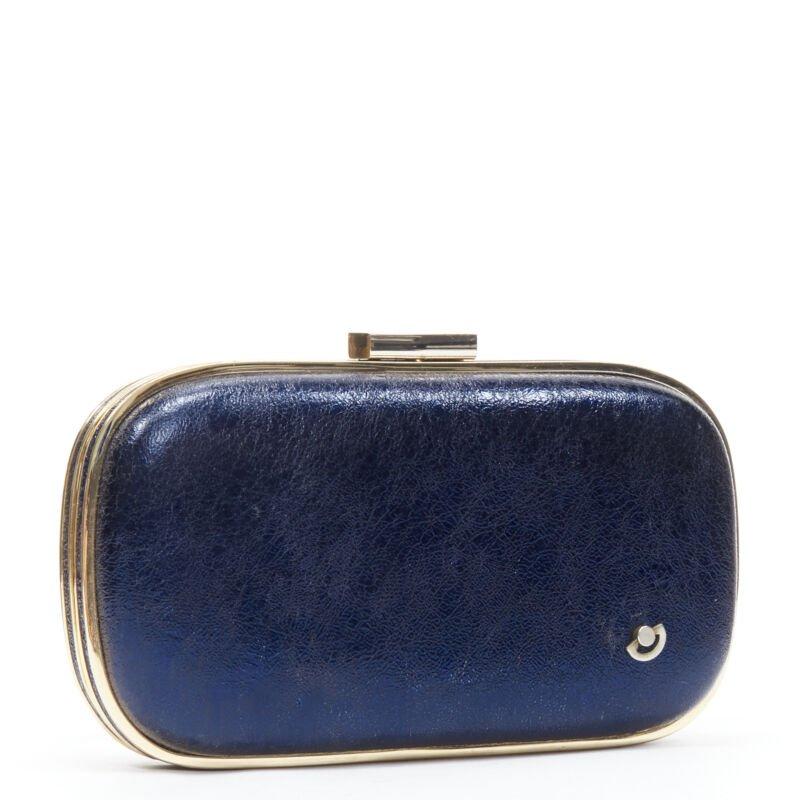 Purple rare ANYA HINDMARCH Marano Music Box metallic blue leather gold frame box clutch For Sale