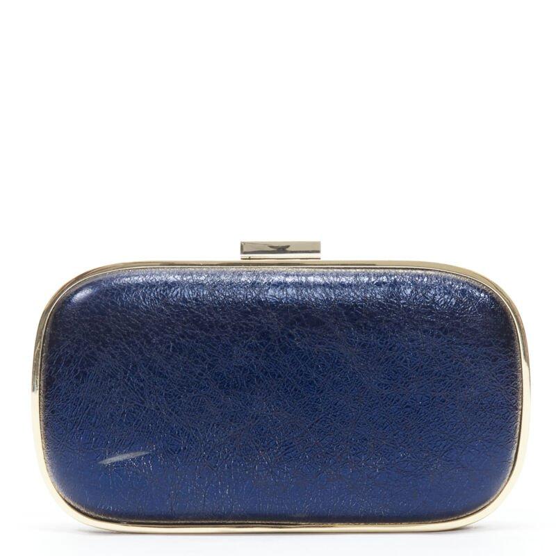 Women's rare ANYA HINDMARCH Marano Music Box metallic blue leather gold frame box clutch For Sale