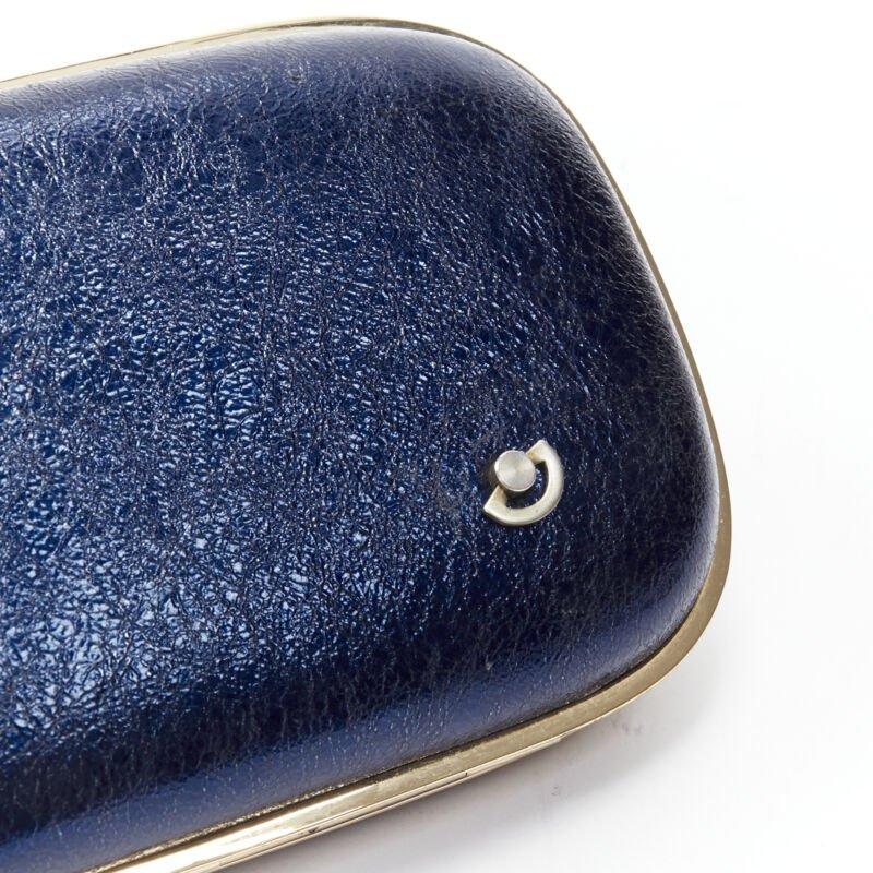 rare ANYA HINDMARCH Marano Music Box metallic blue leather gold frame box clutch For Sale 2