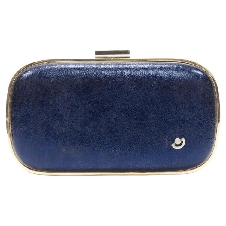 rare ANYA HINDMARCH Marano Music Box metallic blue leather gold frame box clutch